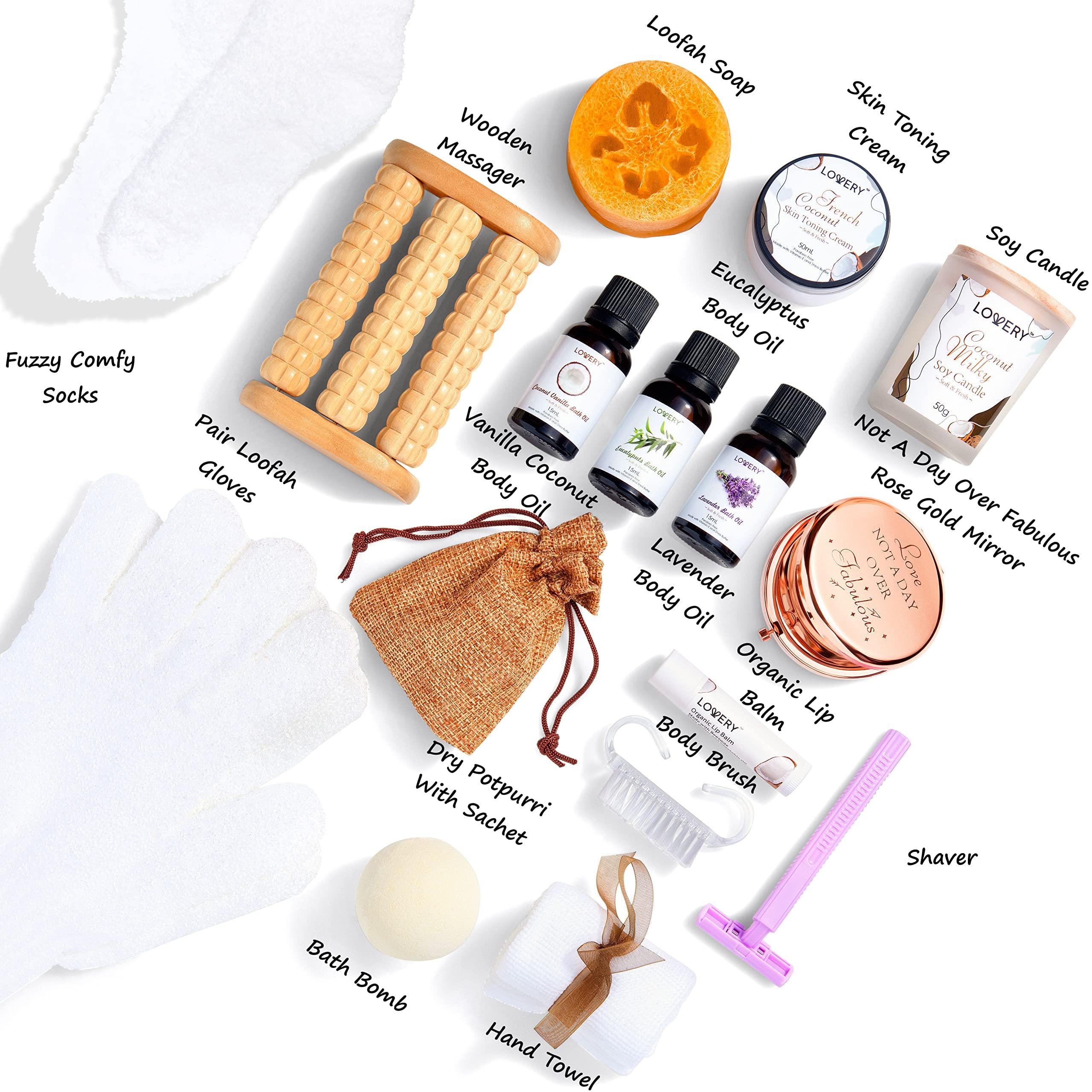 LOVERY Valentines Bath Gift Set, 20pc French Coconut Aromatherapy Spa Gift Basket for Women & Men, Self Care Package Spa Kit, Handmade Gift Box, Body Oils, Organic Lip Balm, Bath Bomb, Spa Gifts for Birthday