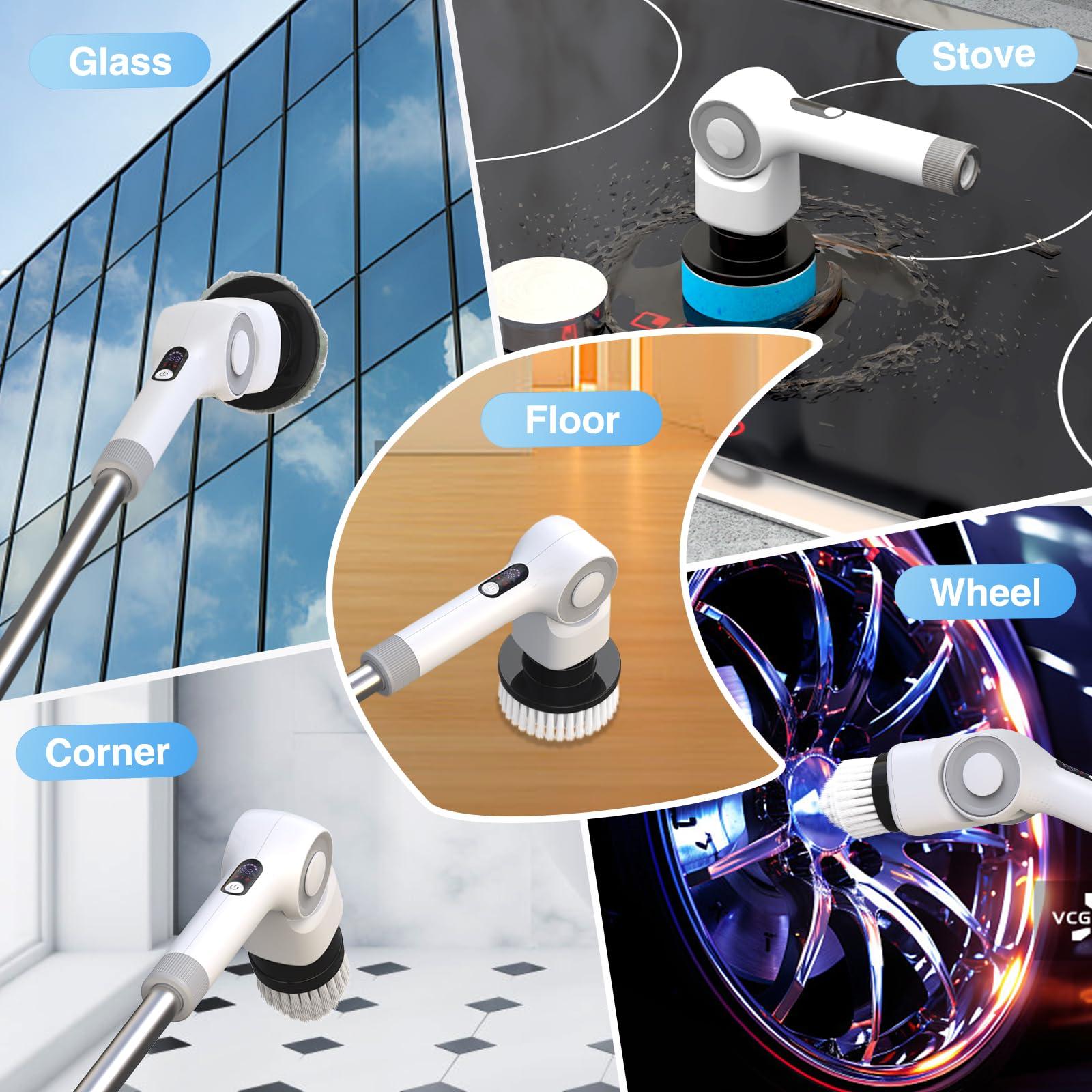 Bamifun Angle Adjustable Electric Spin Scrubber Cordless Cleaning Brush with 3 Speeds Cordless Scrubber Home Electric Scrubber Power Scrubber Shower Scrubber Power Display Screen for Bathroom Kitchen