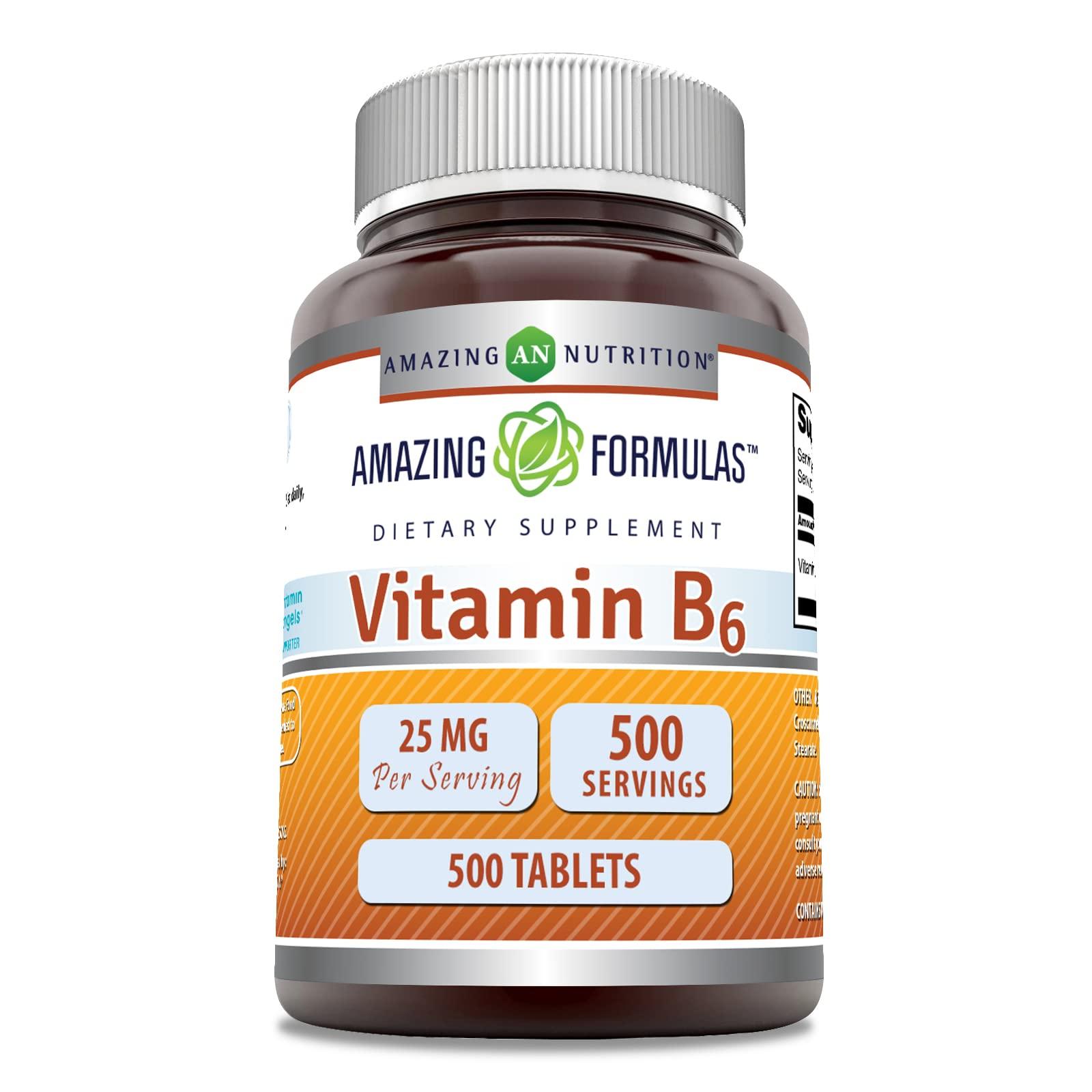 Amazing Nutrition Amazing Formulas Vitamin B6 Pyridoxine 25mg Tablets Supplement | Non GMO | Gluten Free | Made in USA (500 Tablets)
