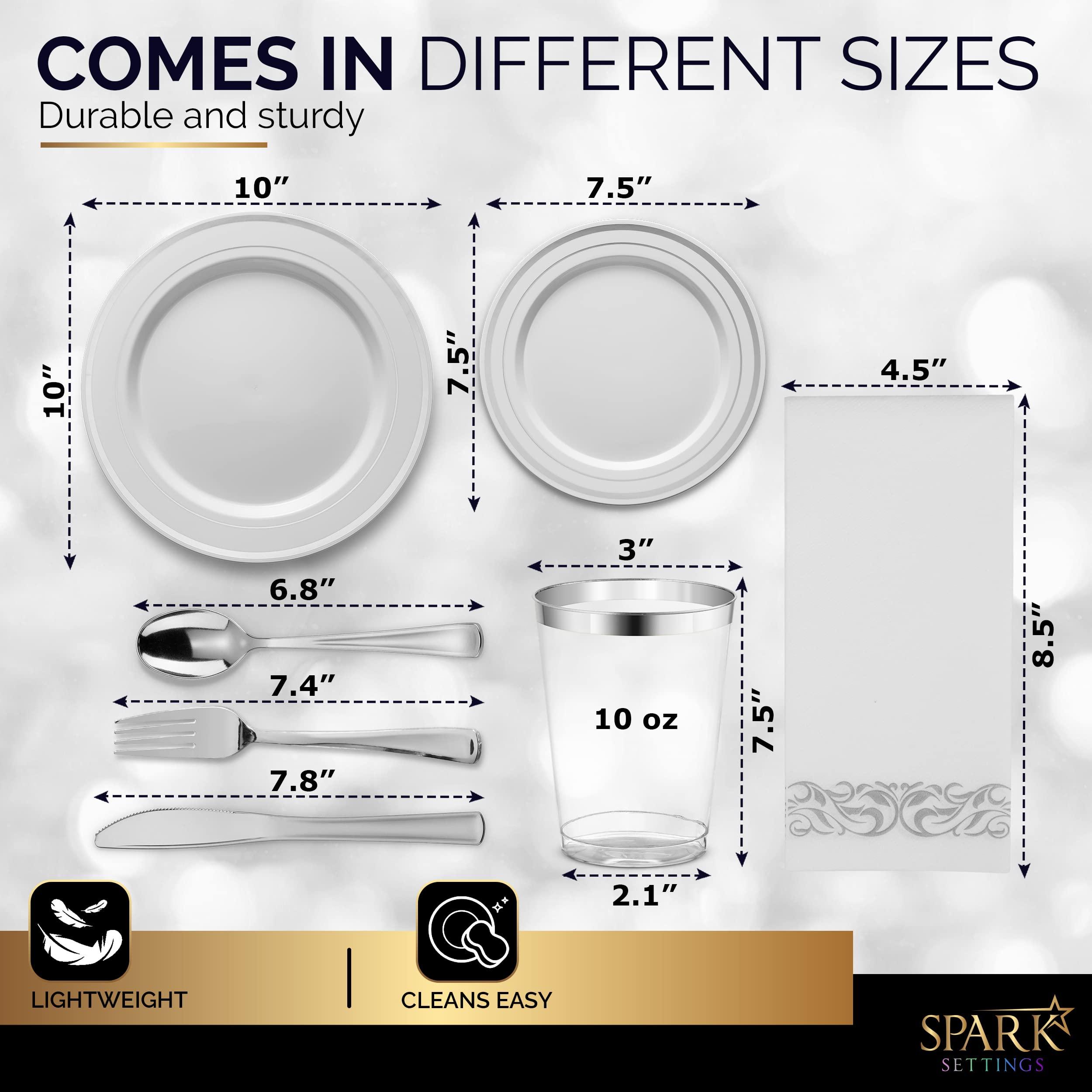 SparkSettings Silver Plastic Plates For Party - Silver Plastic Silverware - 350 PC Wedding Dinnerware Set For 50 Guests,100 Silver Plastic Party Plates, 50 Cups, 50 Silver Cutlery Sets & 50 Napkins-By SparkSettings