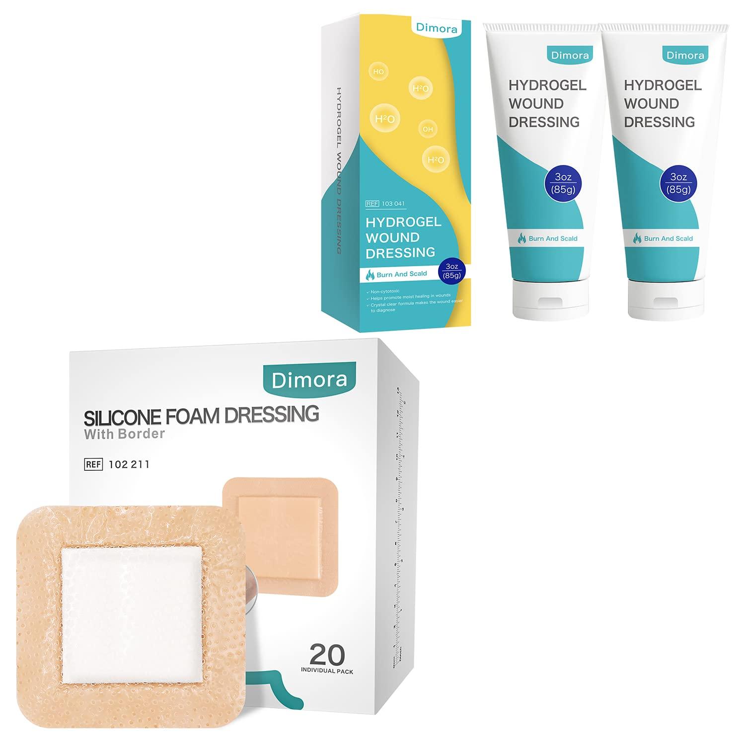 Dimora Dimora 2 Packs 6oz Hydrogel First Aid Ointment + Silicone Foam Dressing with Border 20 Pack Adhesive 4\"x4\"