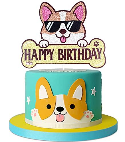 LHCING Corgi Happy Birthday Cake Topper - Puppy Corgi Welsh Birthday Party Cake Supplies - Happy Dog Gotcha Day - Let\'s Pawty Dog Birthday Decoration