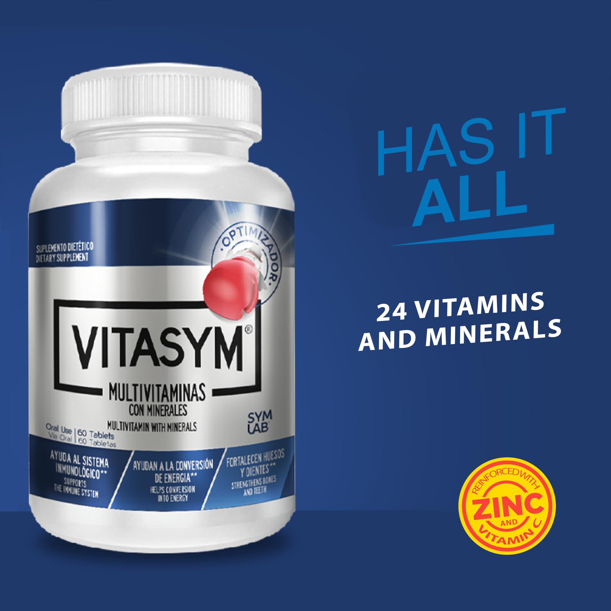 VITASYM VITASYM, multivitamin, Vitamin A, Vitamin C, Vitamin D, Vitamin E, Vitamin B12, Vitamin B6, Calcium, zinc, Phosphorus, Potassium, Iron, Minerals, biotin, thiamine, Magnesium, Chromium, riboflavin.