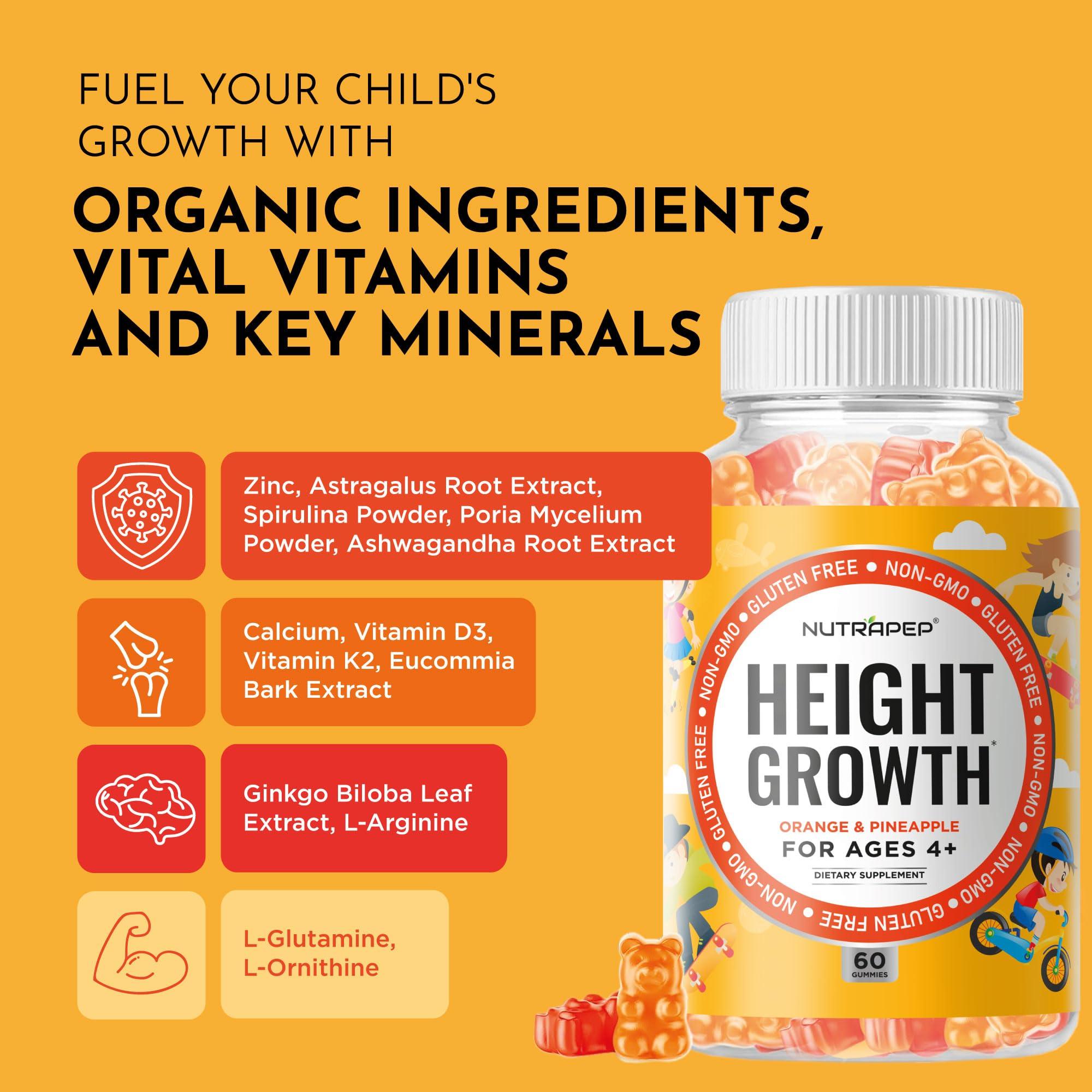NutraPep Teens Height Growth Supplement Gummies - Kids Grow Taller Natural Height Increaser Multivitamin - with Calcium Vitamin D3 K2 Zinc L-Arginine L-Glutamine L-Ornithine for Boys Girls