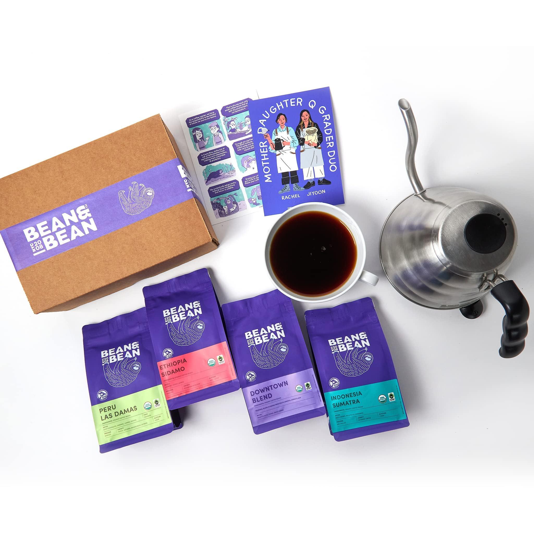 DAILY ROASTED BEAN&BEAN ORGANIC COFFEE Bean & Bean Around the World Coffee & Chocolate Gift Set 4 x 1.8oz Coffee Samplers Paired with Belgian Chocolates - Organic & Fair Trade - Includes Single Origin Coffee - Medium Roast, Whole Bean