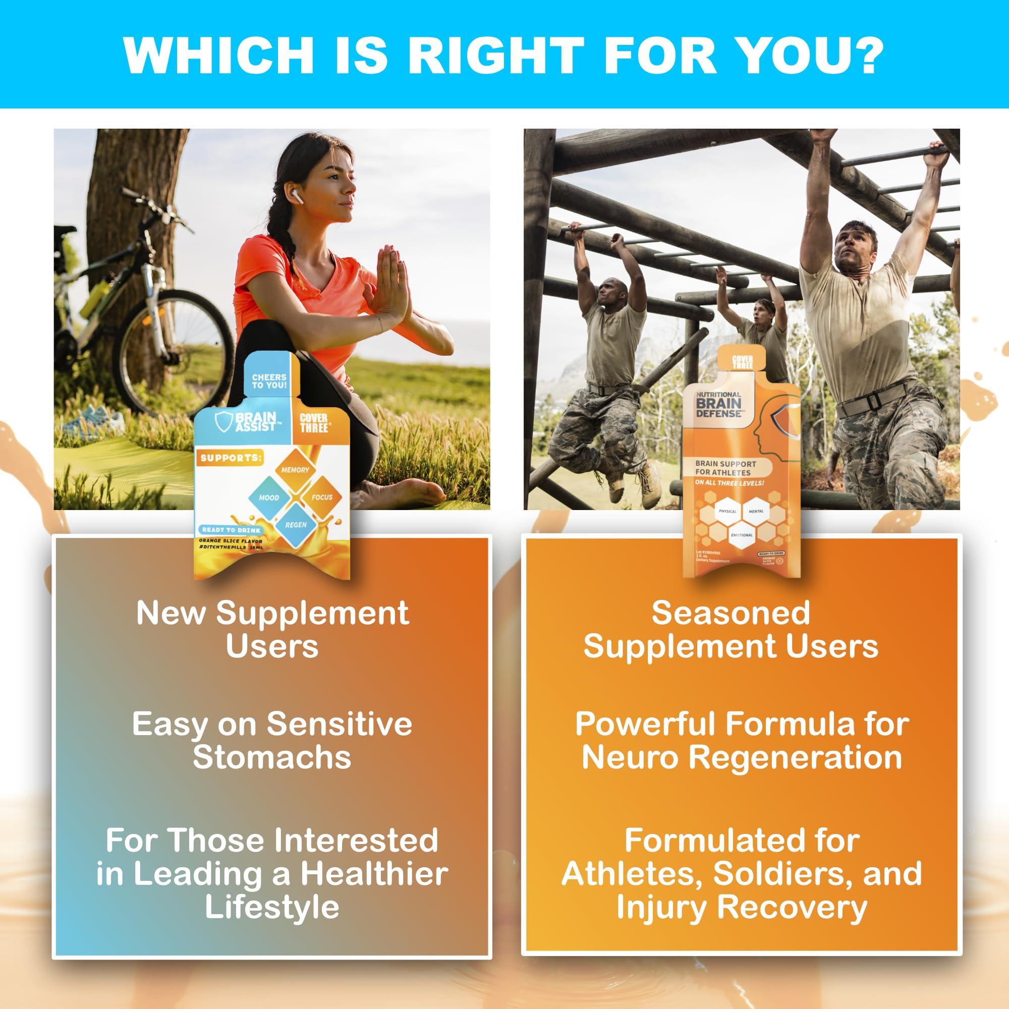 Cover Three Cover Three Brain Assist Brain Supplement, Nutritional Focus Supplement with Curcumin, Uridine, Orange Slice Liquid Brain Support Formula, High Performance Memory Supplements