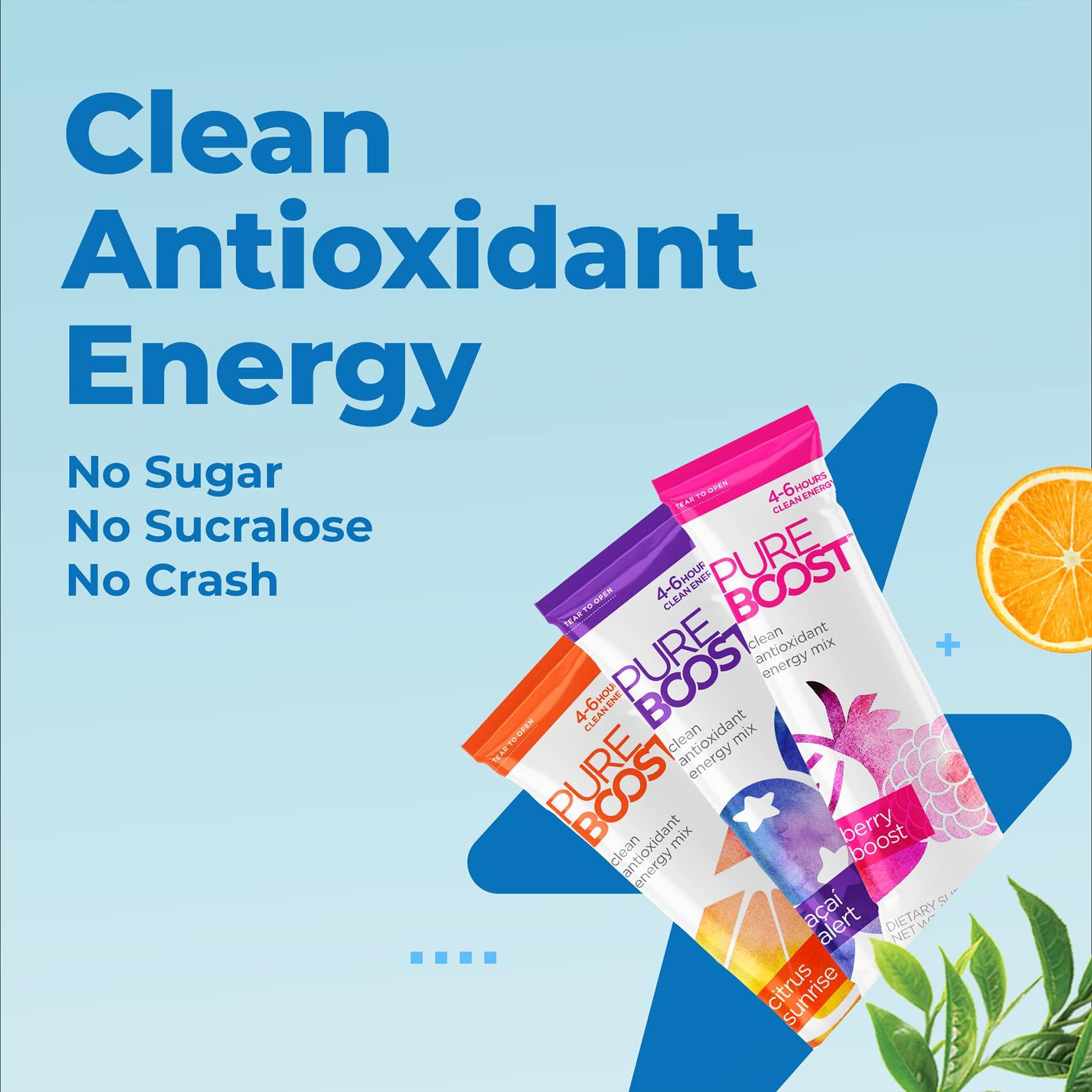 Pureboost Pureboost Clean Energy and Superfoods Bundle. 60 Stick Packs. B12, Vitamin C and more. Fruity Combo Pack + Green Mojo includes 7 Organic Supergreens.