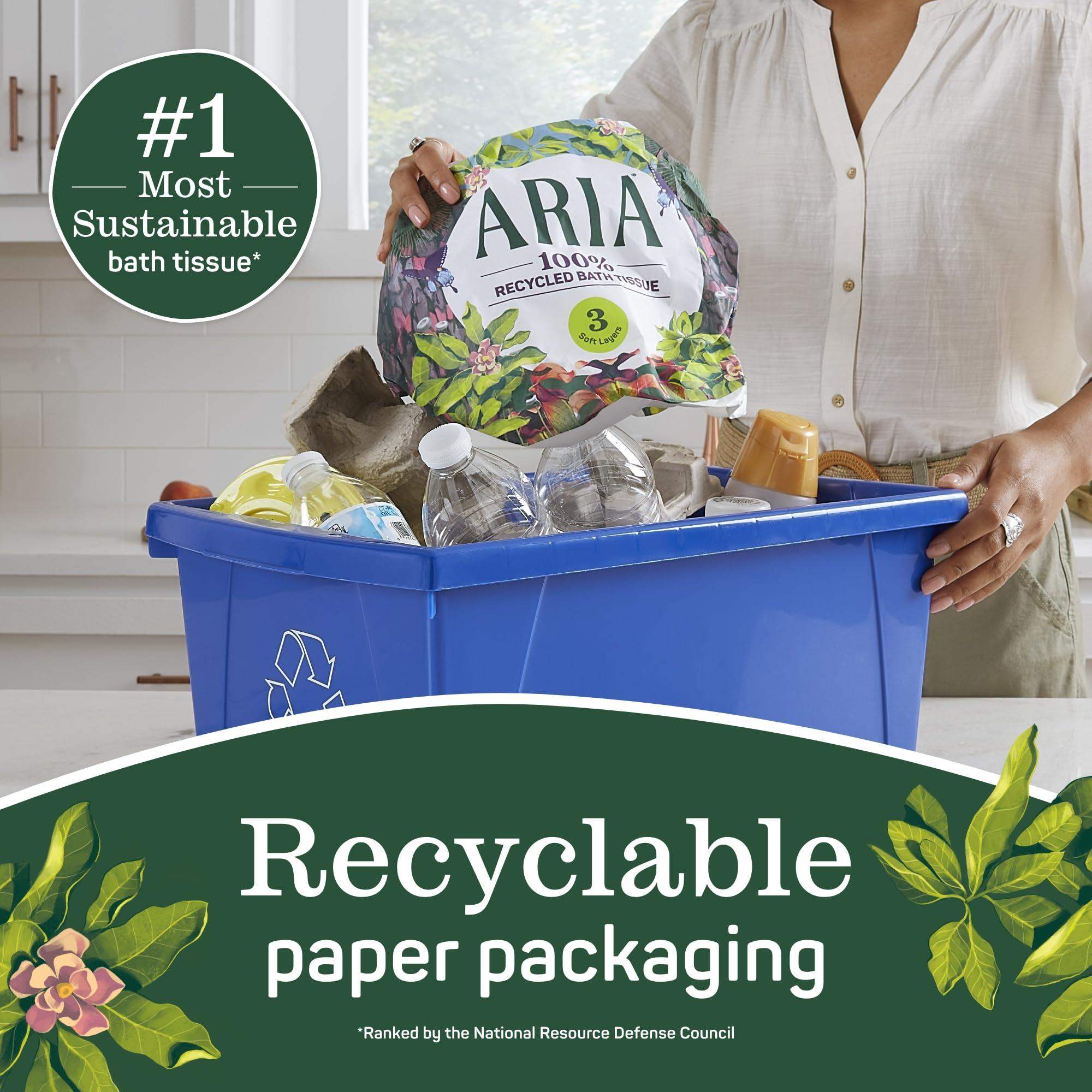 Aria Aria 100% Recycled Toilet Paper, 4 Packs of 6 Rolls, 3 Soft Layers of Bath Tissue with Recyclable Paper Packaging