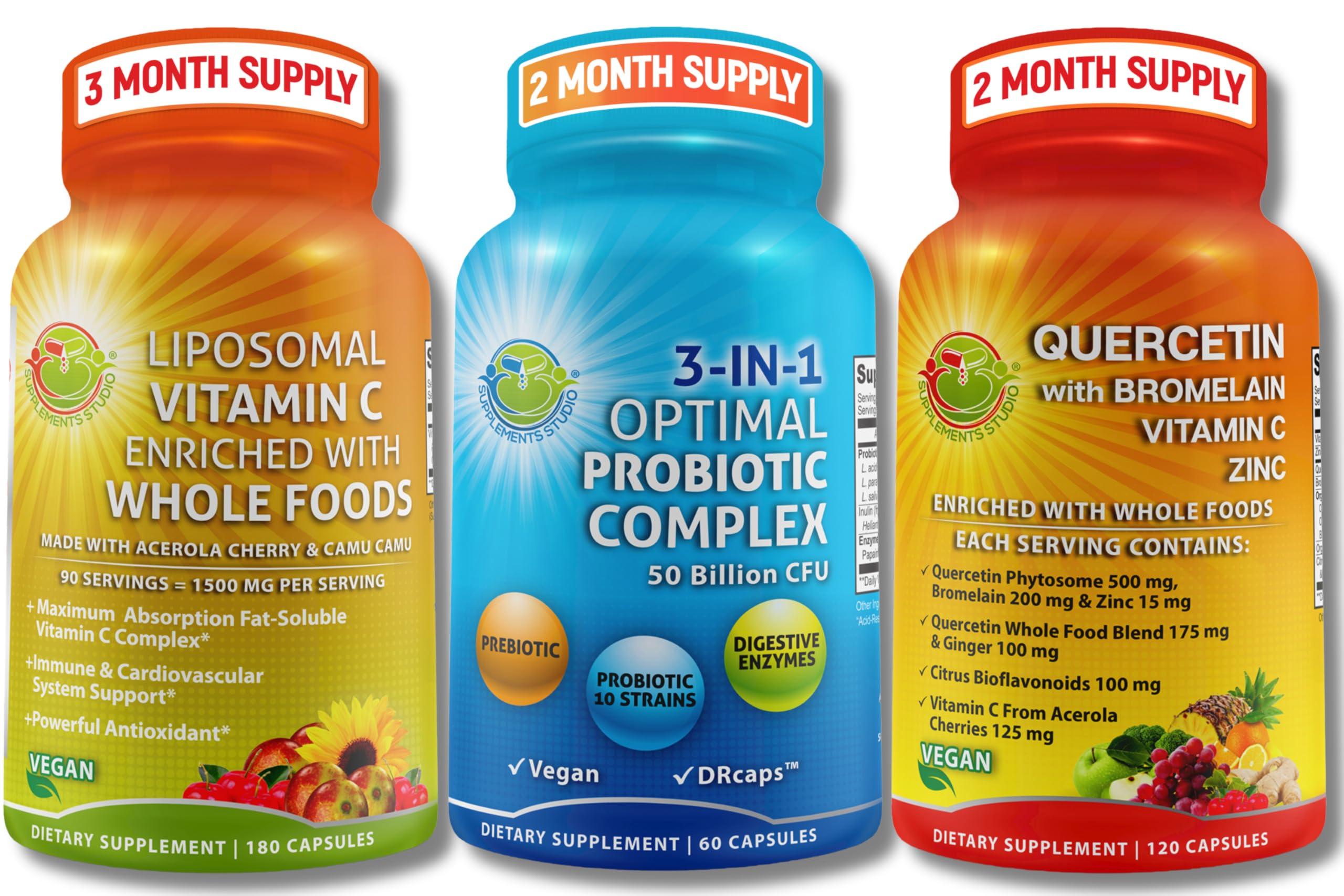 SUPPLEMENTS STUDIO Probiotics with Digestive Enzymes and Prebiotic, 3-In-1 Vegan Multi Enzyme Complex - Bundle up with - Quercetin with Bromelain Vitamin C and Zinc & Liposomal Vitamin C 1500mg Capsules