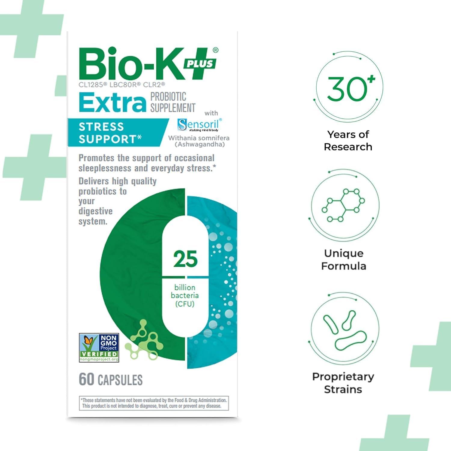 Bio-K Plus Bio K+ Extra Stress Support with Sensoril - Ashwagandha  Vegan Probiotics Supplement for Everyday Stress, Relieving Sleeplessness - 25 Billion CFU 3 Strains  60 Capsules