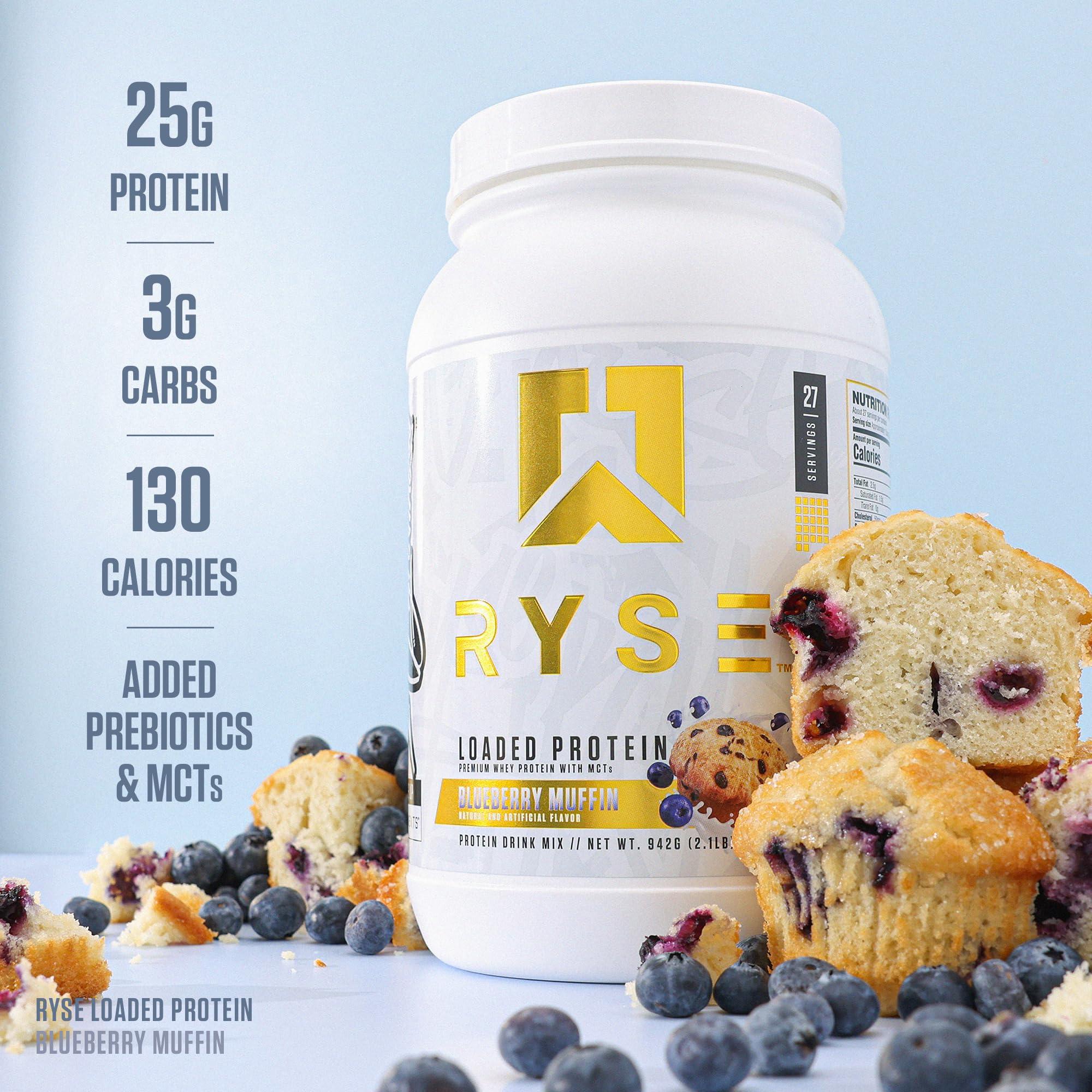 RYSE Up Supplements Ryse Loaded Protein Powder | 25g Whey Protein Isolate & Concentrate | with Prebiotic Fiber & MCTs | Low Carbs & Low Sugar | 27 Servings (Blueberry Muffin)