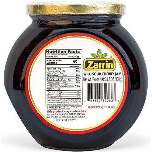 Zarrin Zarrin - Wild Sour Cherry Preserve, 31.7 oz (900g), Contains 65% of Pitted Cherries