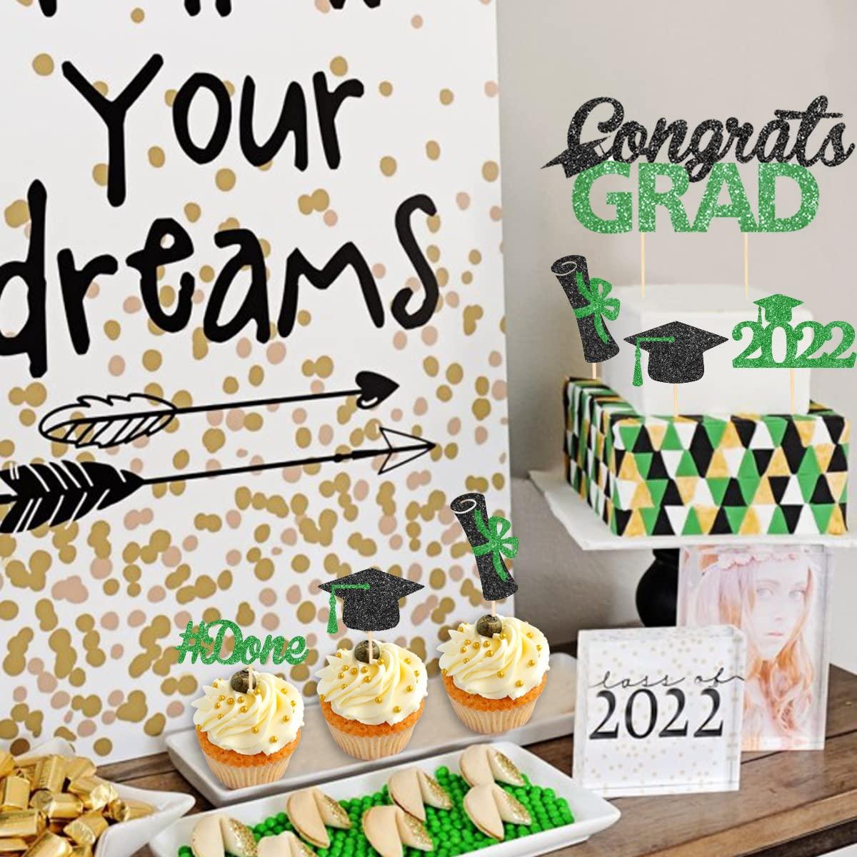 Kreatwow Graduation Cake Decorations 2022 Green Congrats Grad Cupcake Topper Picks for Class of 2022, I do I did Im Done High School College University Graduation Party Supplies 25 Pcs