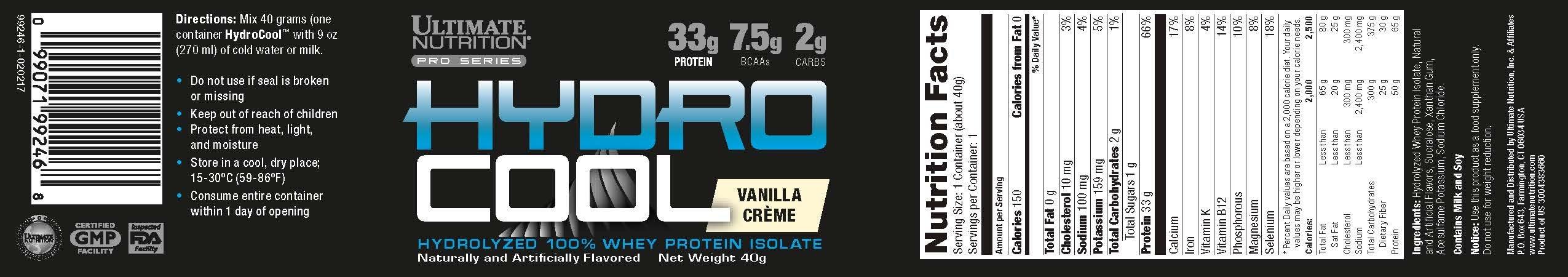 Ultimate Nutrition Ultimate Nutrition HydroCool 100% Whey Protein Isolate Powder - 33g Protein, 7.5g BCAAs, No Fat or Gluten (Vanilla, 40g Sample Size)