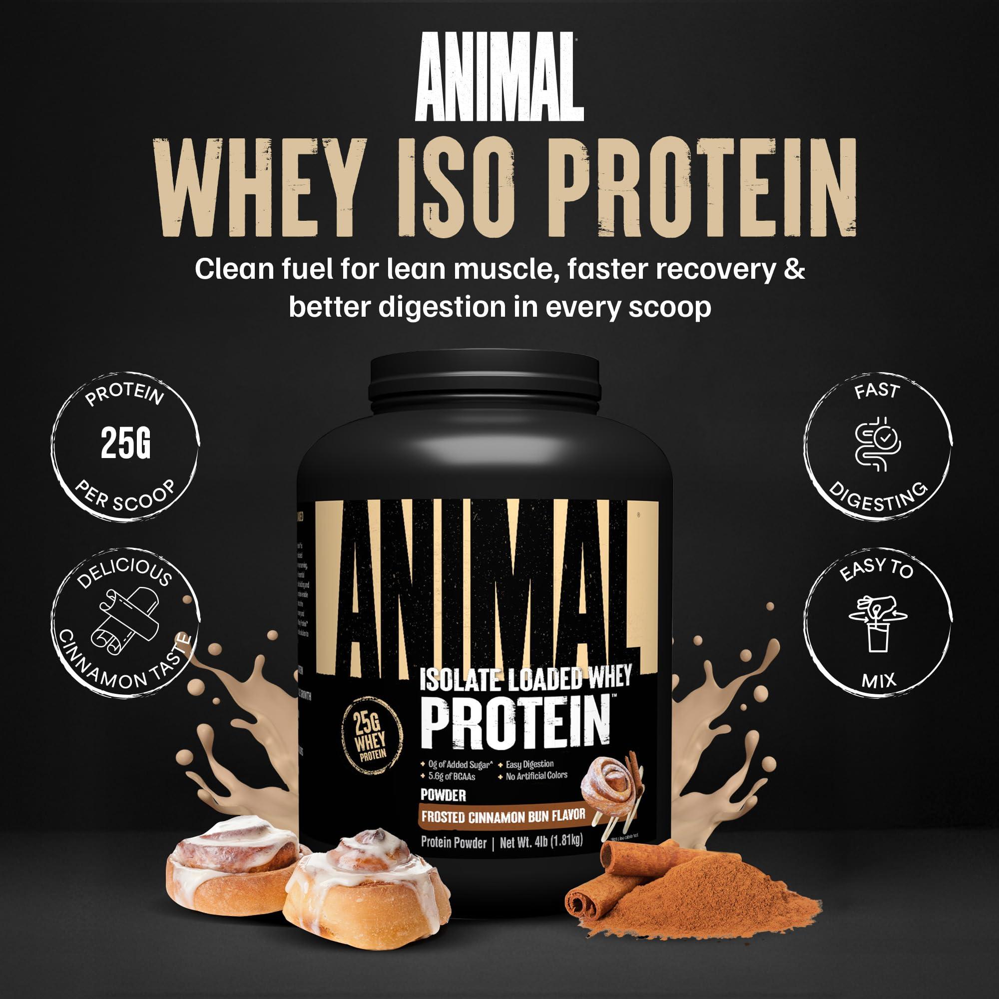 Animal Animal Whey Isolate Protein Powder - Loaded for Pre & Post Workout Muscle Builder and Recovery with Digestive Enzymes for Men & Women - 25g Protein, Great Taste, Low Sugar - Frosted Cinnamon Bun 4 lbs