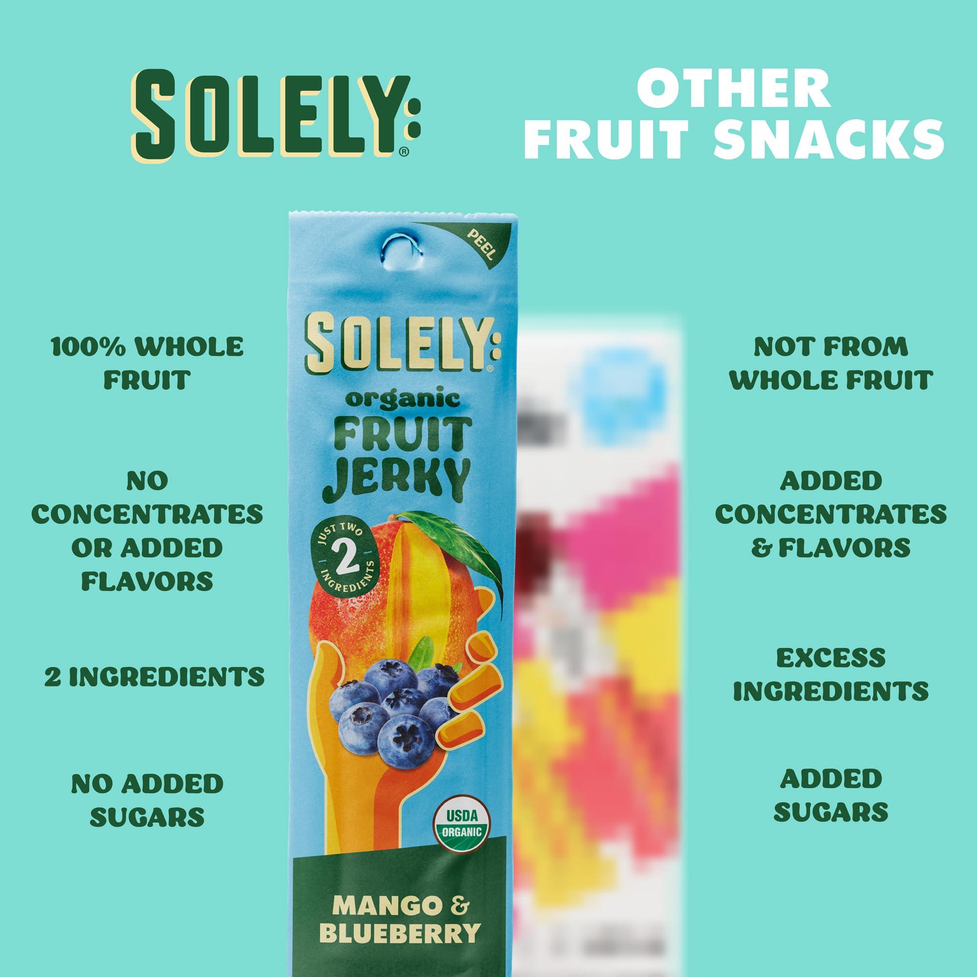 SOLELY SOLELY - Organic Mango Blueberry Fruit Jerky - 12 Individually Wrapped Fruit Strips - Fruit Leather Made from Dried Fruit - Healthy Snacks for Adults & Kids - Non GMO, Vegan Sacks - 0.8oz (23g)
