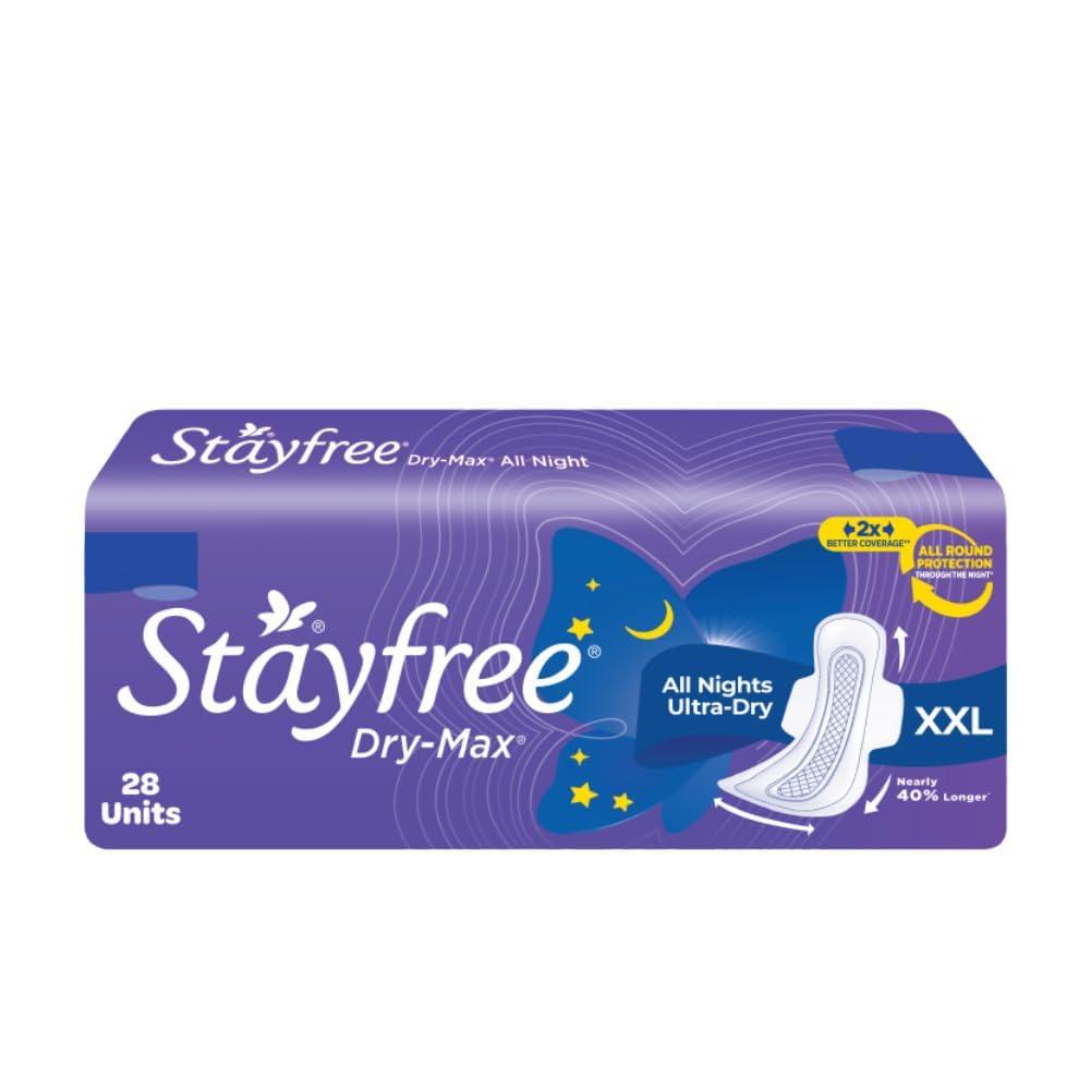 Stayfree Stayfree Dry Max All Night XL Dry Cover Sanitary Pads For Women With Wings, 28 Pads