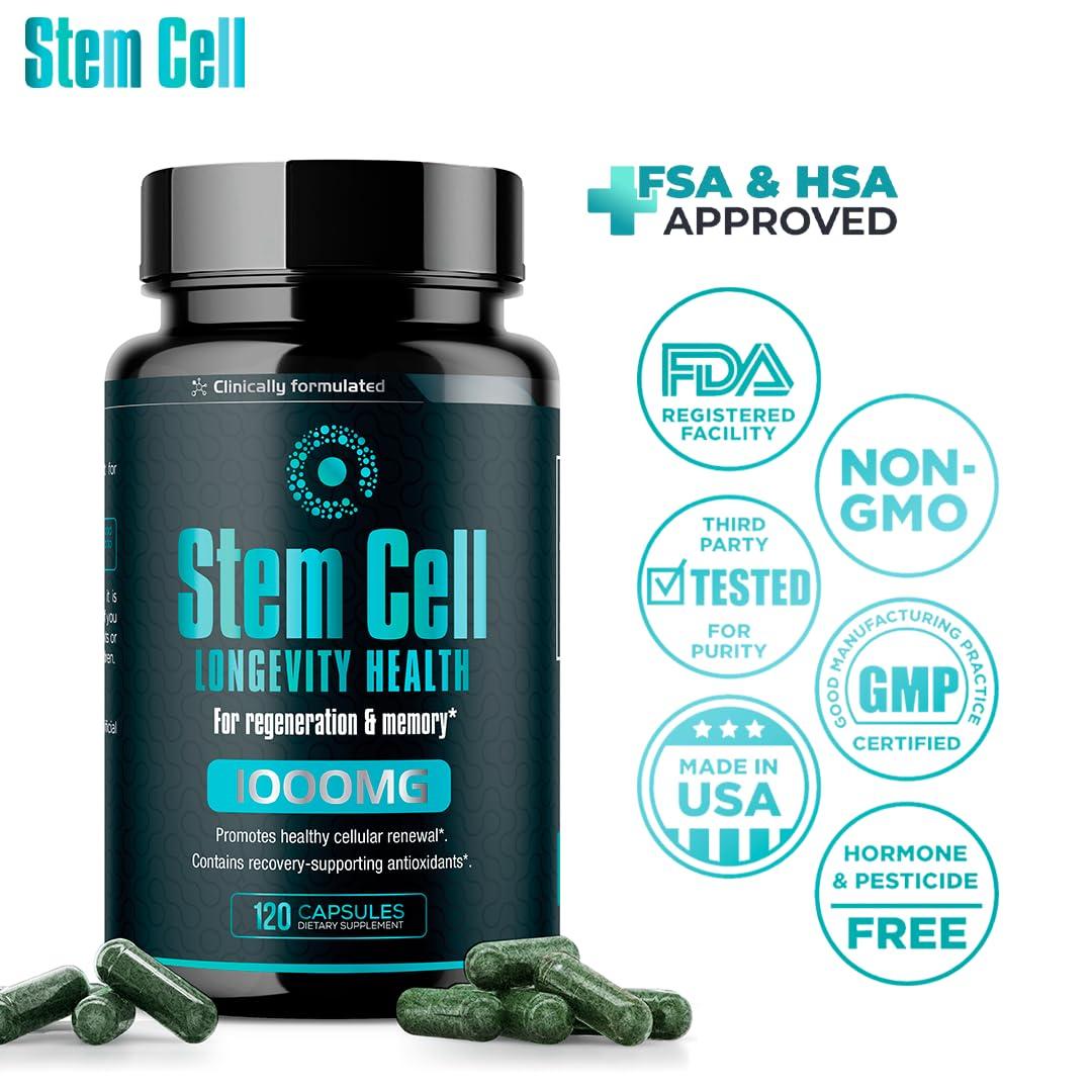 AURA VITAMINS Premium Stem Cell Supplements 1,000mg (120 Caps) Boost Immunity, Reduce Joint Soreness, Support Natural Anti-Aging & Longevity with Spirulina & Chlorella for Vitality, Celulas Madre Health Formula