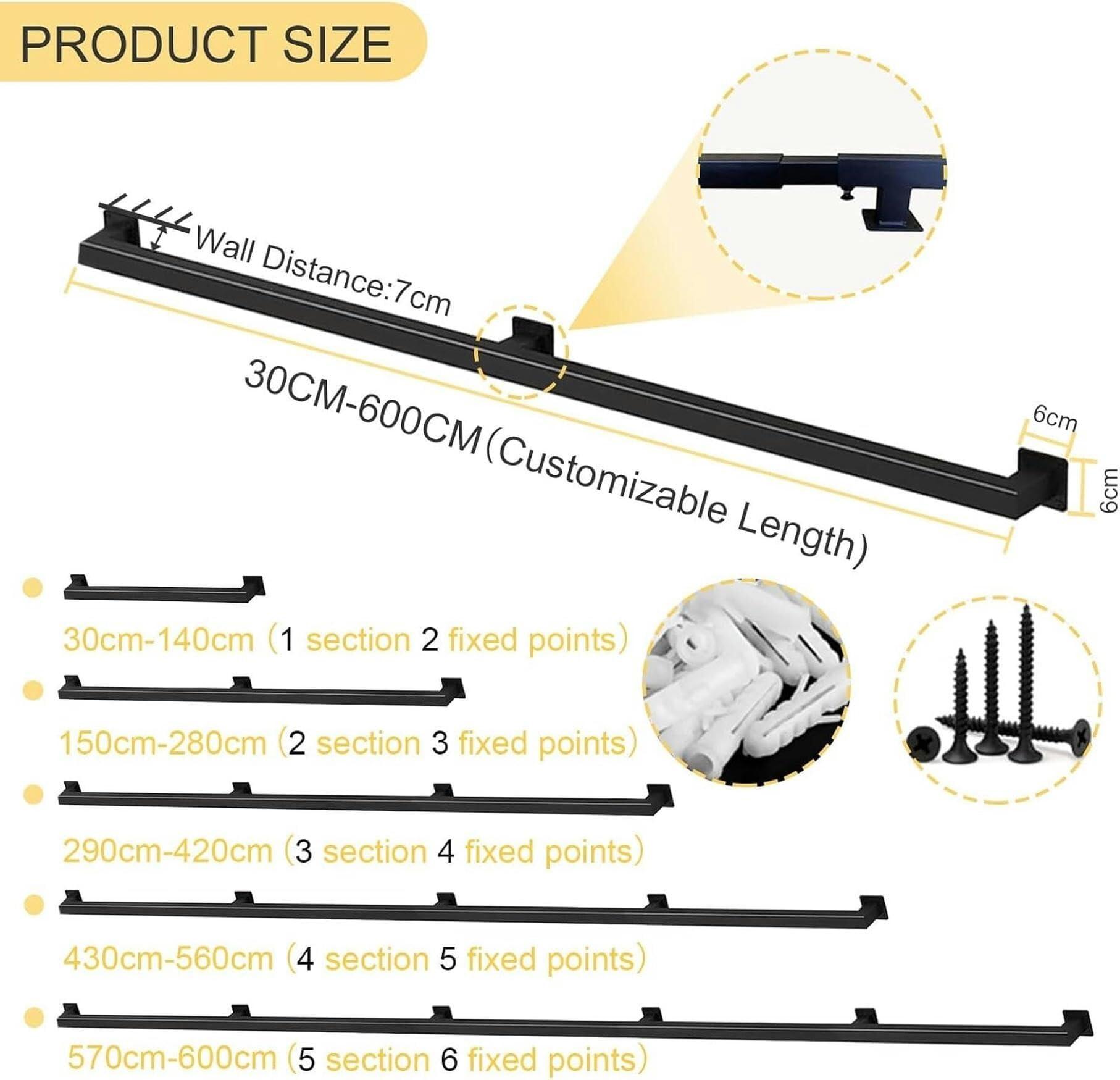 NUHGFTYBF Black Stair Handrail, 1ft-20ft Metal Staircase Handrails Stairs Indoor and Outdoor Galvanized Industrial Iron Pipe Stair Railing Wall Balustrade Foot Rail Support(9.2 FT)