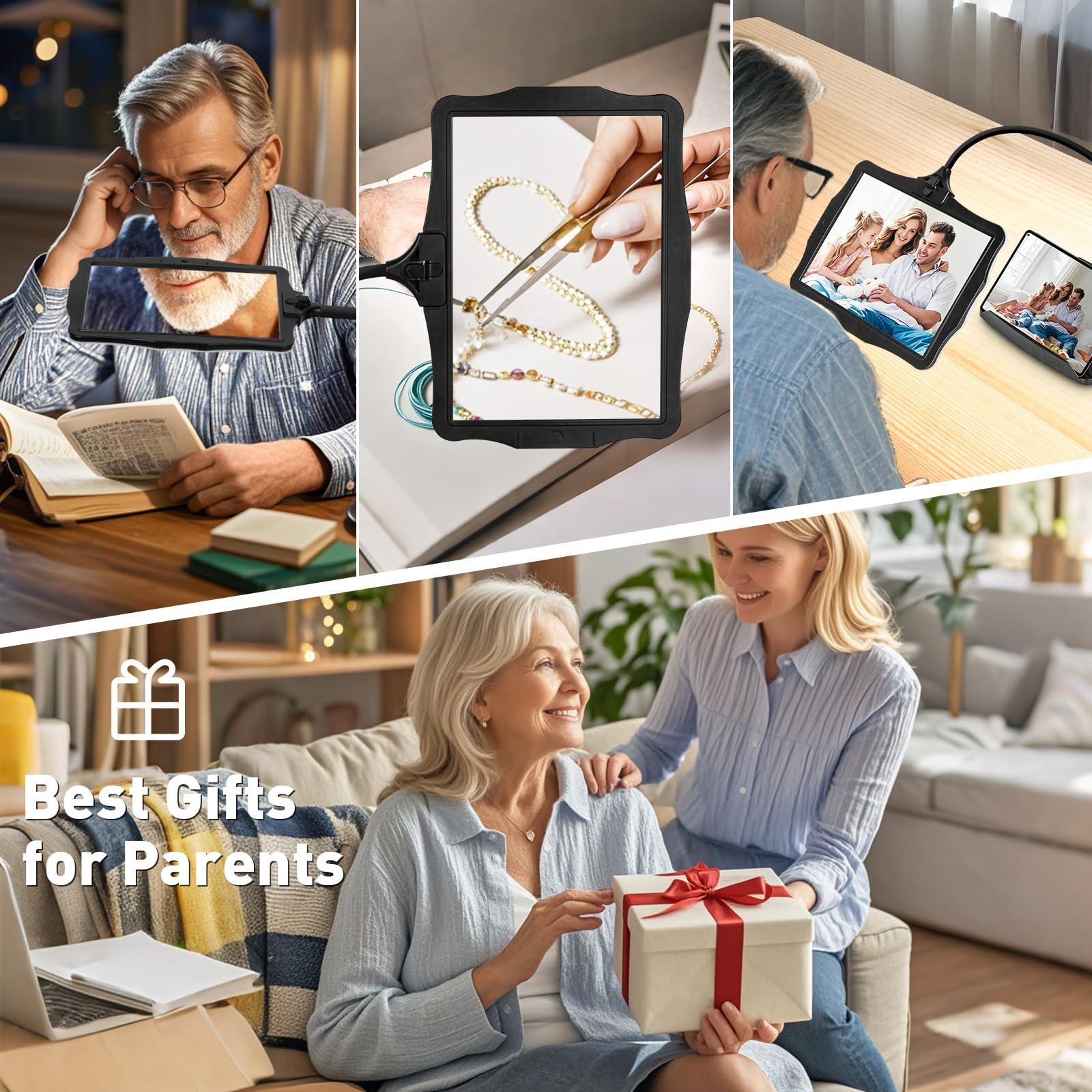 NUEYiO 10X Rechargeable Full Page Magnifier for Reading, NUEYiO 10.6*7.8\" Large Handheld Magnifying Glass with Light and Stand, 50 LED Lights & 3-IN-1 Gooseneck Magnifying Lamp for Seniors Close Work Craft