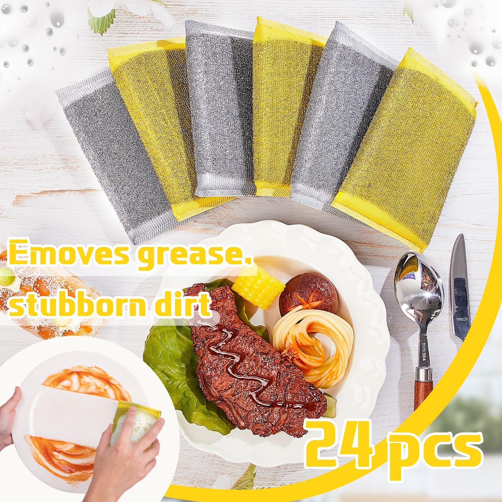 Thyle Thyle 24 Pack Steel Scrub Sponges for Dishes Non Scratch Scouring Sponge Multi Use Metal Scrubber Heavy Duty Dish Wash Kitchen Sponge for Pot Dish Washing Hard Surface Cleaning Tools (Gray, Yellow)