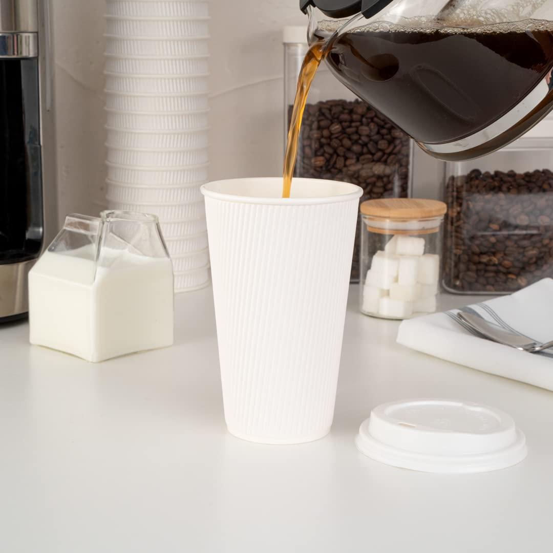 Restaurantware Restaurantware-16 Ounce Insulated Coffee Cups With Lids, 20 Ripple Wall Hot Cups With Lids - Leakproof, Non-Slip, White Paper Coffee Cups, Disposable, For Teas, Hot Cocoas, Or Lattes