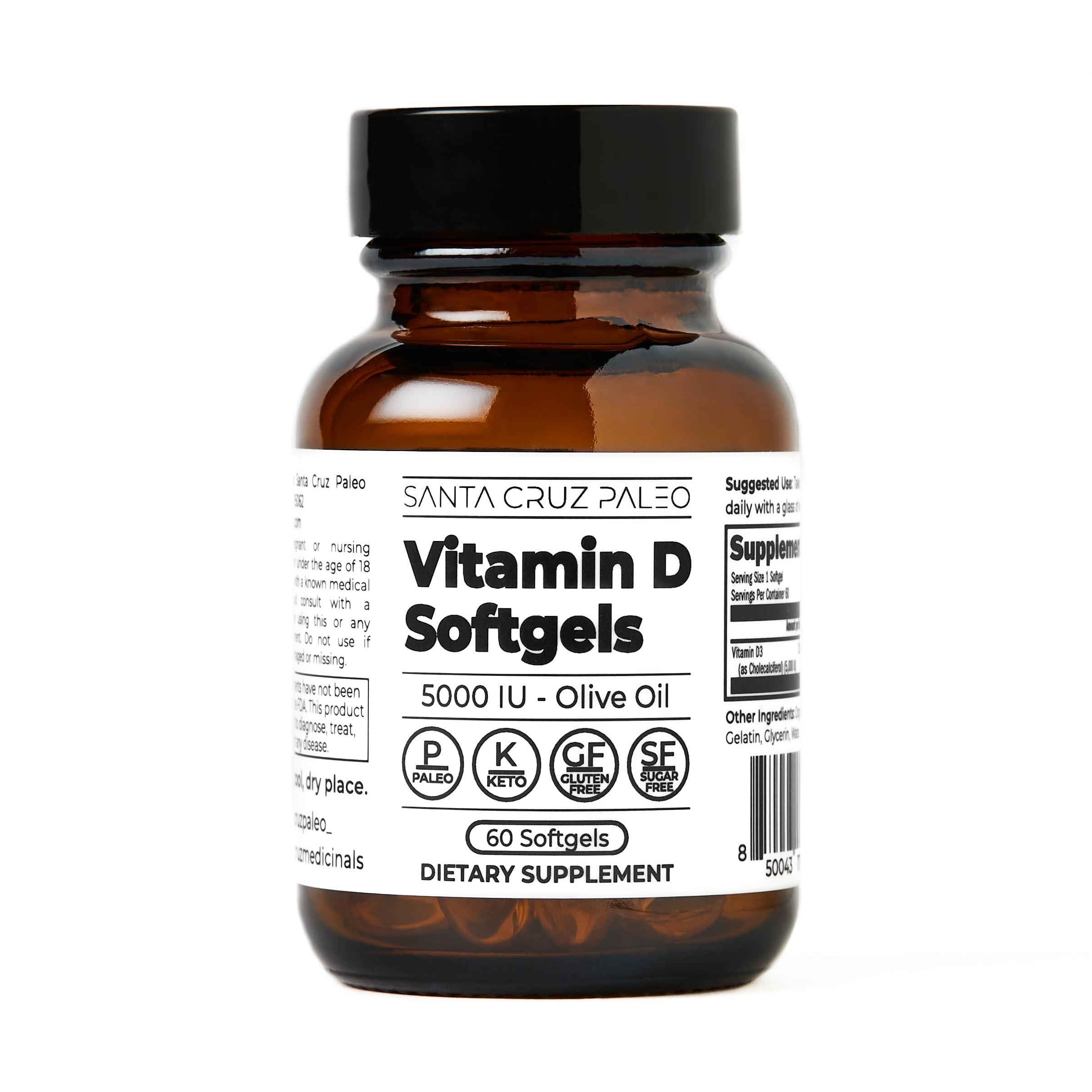 Santa Cruz Paleo Santa Cruz Paleo Vitamin D Supplement, Bone Health & Immune Support, 5000 i.u. Per Softgel, Gluten Free, Keto, Sugar Free, Paleo, Vitamin D3, Olive Oil for Absorption, Natural Ingredients, 60 Softgels