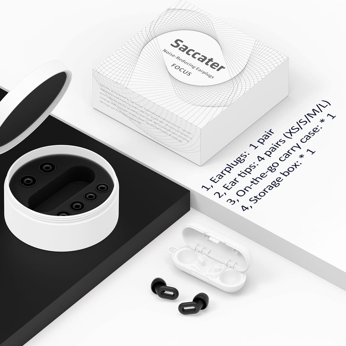 SACCATER Saccater Focus Noise-reducing Earplugs - Reusable Silicone Earplugs for Deep Focus, Work, Study, Comfy Sleep, Misophonia, Travel, Hearing Protection - Adjustable in XS/S/M/L, SNR 23, NRR 17, Black