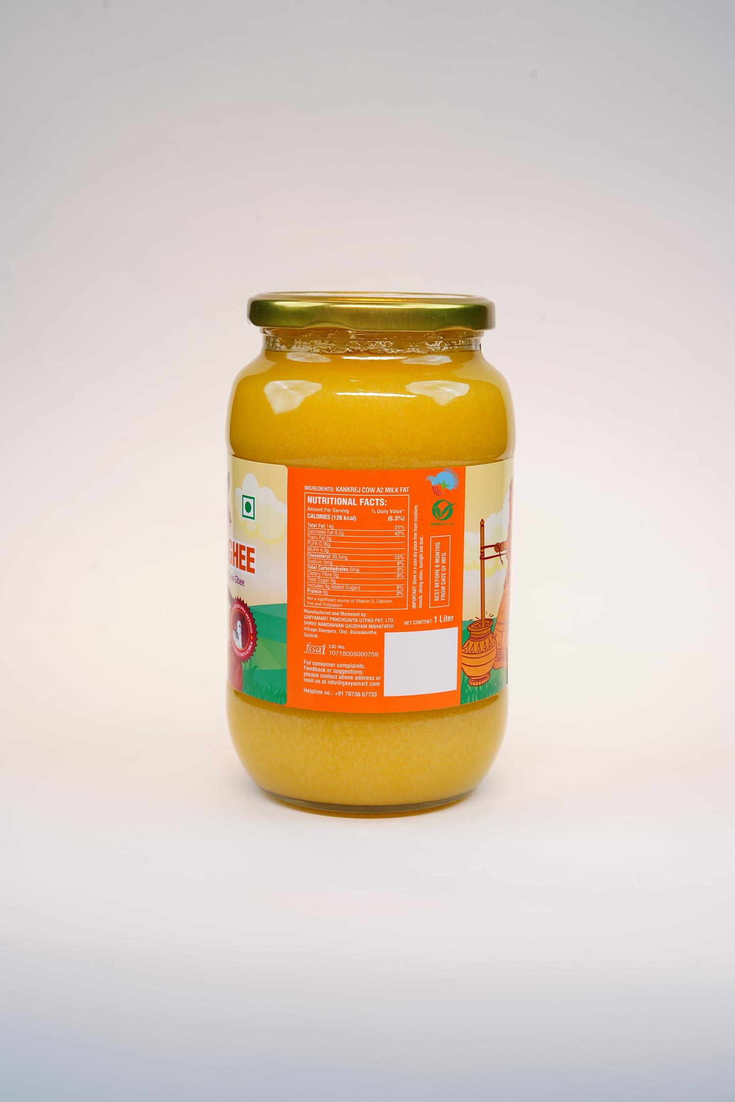 GAVYAMART Gavyamart Ghee in Pantry 100% Pure Kankrej A2 Cow Desi Ghee Non GMO - Made Using Traditional Bilona Method Ghee 1 Litre - Glass Ghee jar Pack - A2 Ghee Cow Organic 1000ml