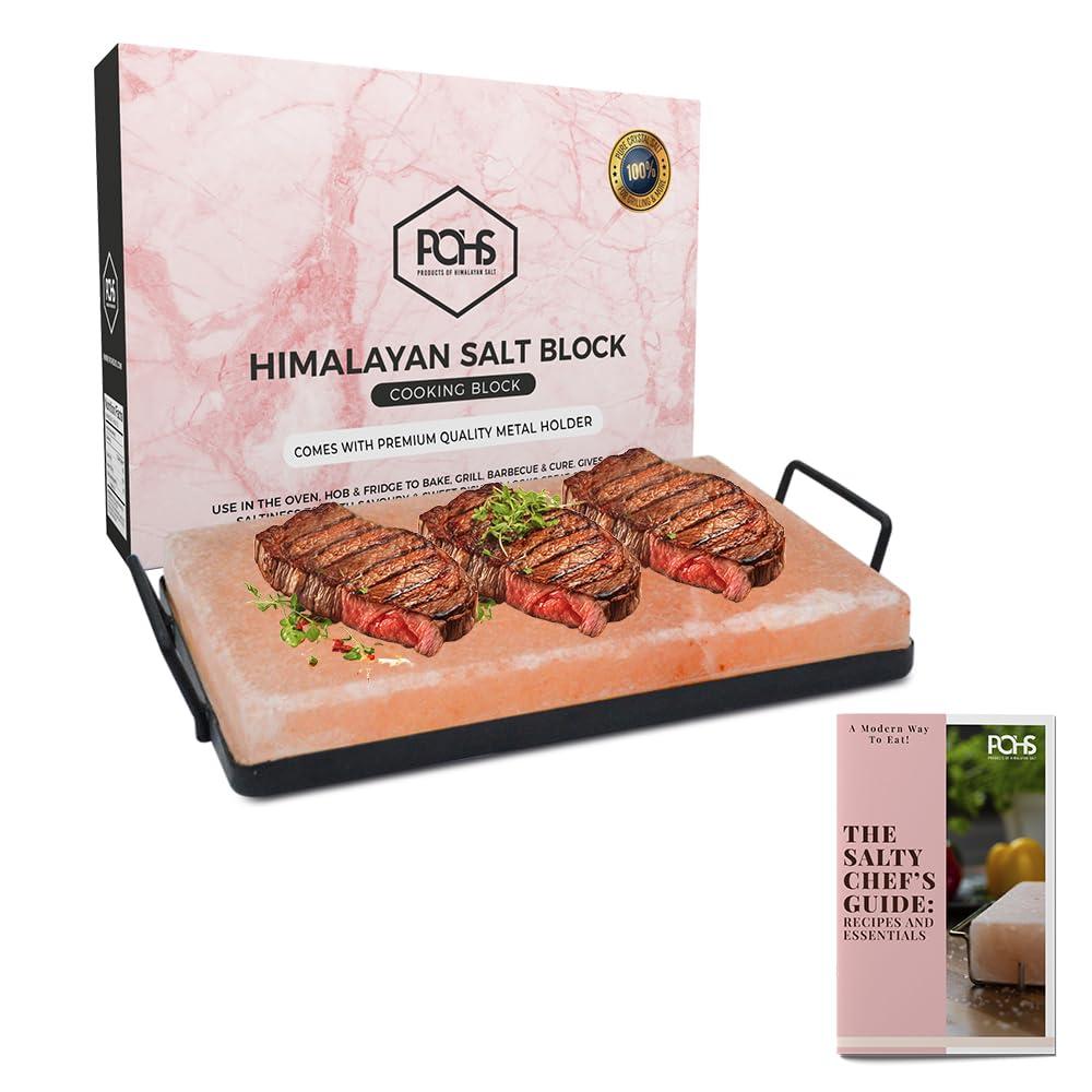 POHS POHS Himalayan Pink Rock Salt Block For Grilling, Searing, Cooking, BBQ, Hot and Cold Serving | Himalayan Salt Slab with Premium Quality Metal Holder (M.S Holder 12 x 8 x 1.5 Inches)