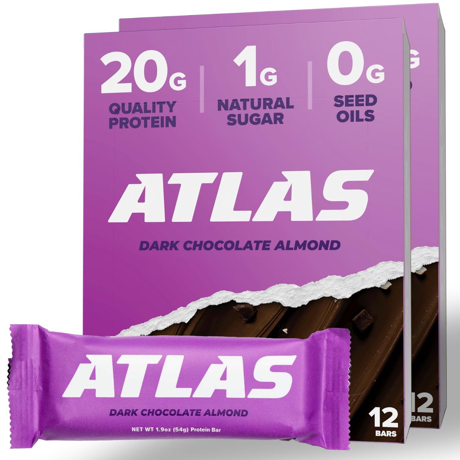 Atlas Protein Bar Atlas Protein Bar, 20g Protein, 1g Sugar, Clean Ingredients, Gluten Free (Dark Chocolate Almond, 12 Count (Pack of 2))