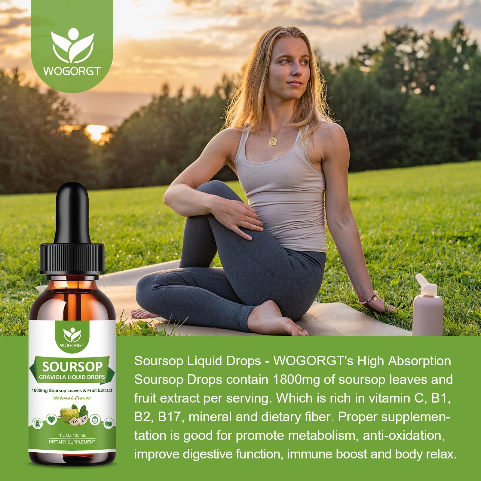 WOGORGT (2 Pack) Soursop Graviola Liquid Drops - 1800mg Soursop Extract - High Absorption Soursop Bitters Liquid for Cell Support & Regeneration, Immune Support, Antioxidant, Relaxation, Sugar Free - 1 Fl Oz