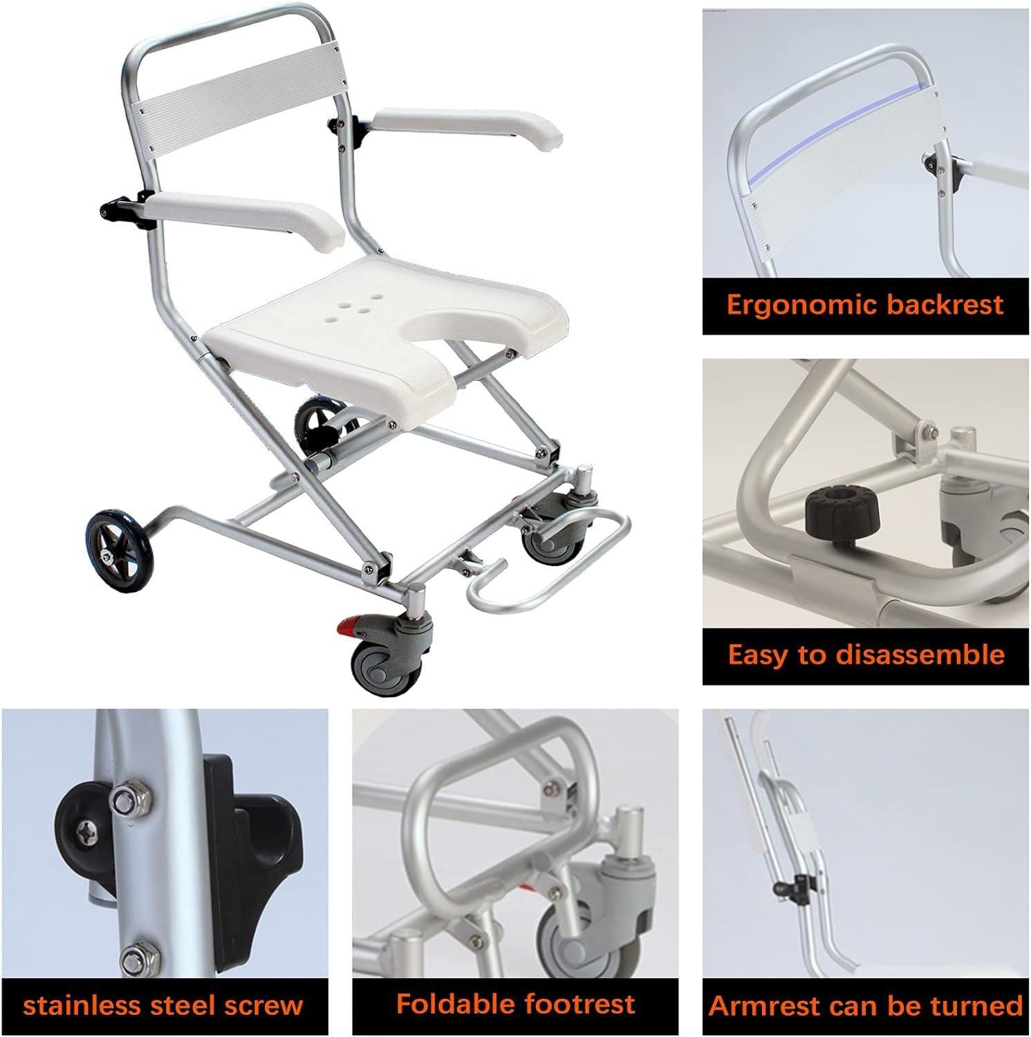 WETOBO Wheel Chair Shower Bath Stool Foldable with Wheels for Elderly and Disabled, Shower Stool with Flip-up Arms and Ergonomic Back - Wheelchair + Shower Chair Two in One