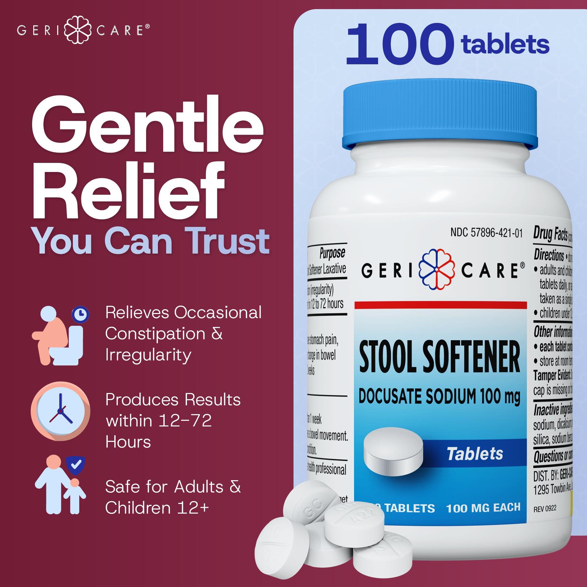 GeriCare GeriCare Docusate Sodium Stool Softeners, Best Stool Softener for Daily use for Women, Men, and Elderly - Ideal for Constipation Relief 100mg Crushable Tablets. (100 Count) Made in The USA.