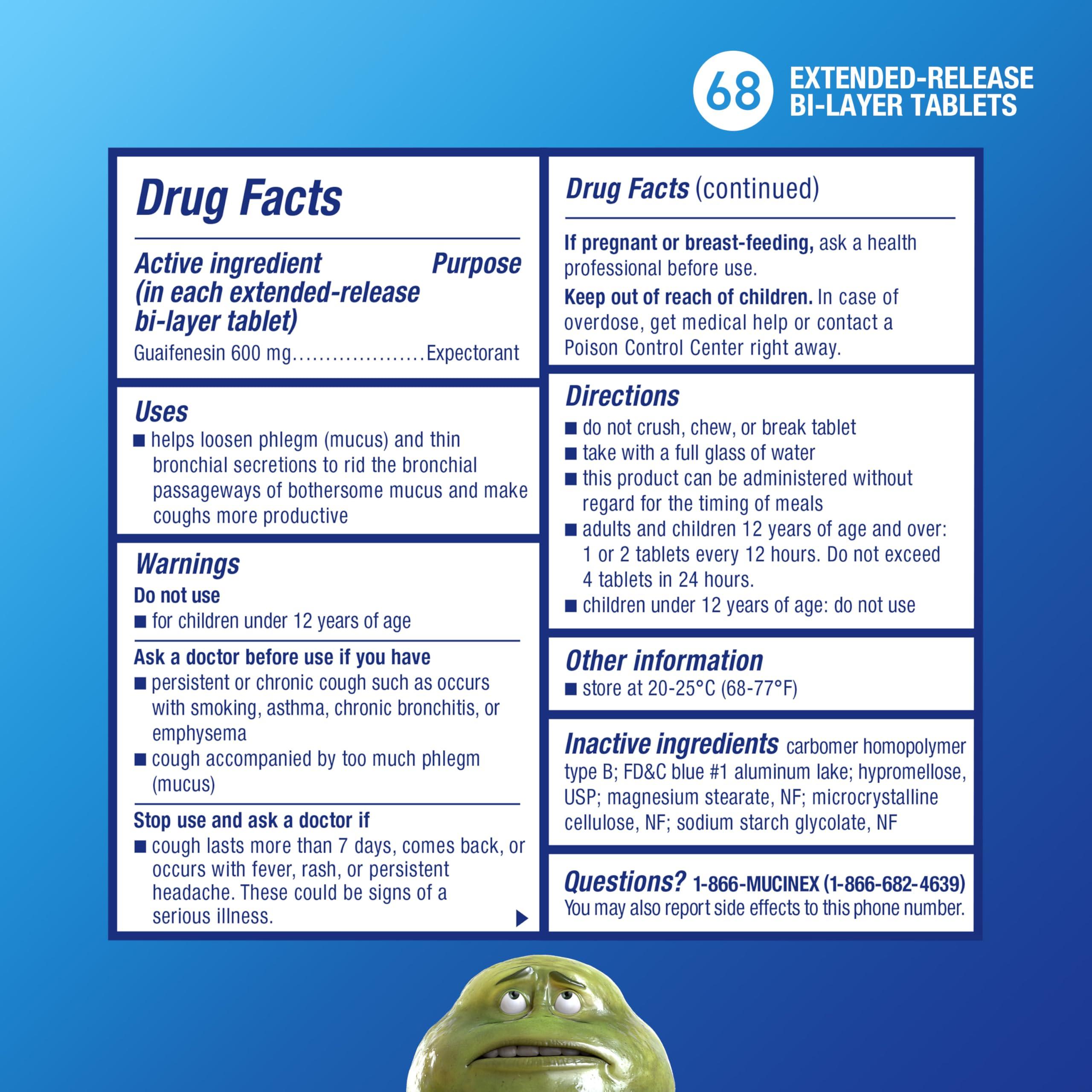 Mucinex Mucinex Chest Congestion, 12 Hour Extended Release Tablets, 68ct, 600 mg Guaifenesin Relieves Chest Congestion Caused by Excess Mucus, #1 Doctor Recommended OTC Expectorant