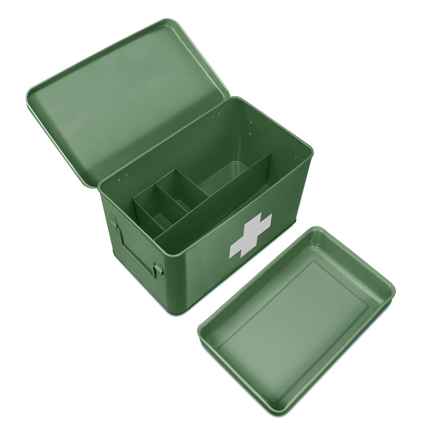 Flexzion Flexzion First Aid Box Organizer - Empty 13\" Green Vintage First Aid Kit Tin Metal Medical Box - First Aid Storage Box Container Bins with Dividers, Removable Tray and White Cross Logo