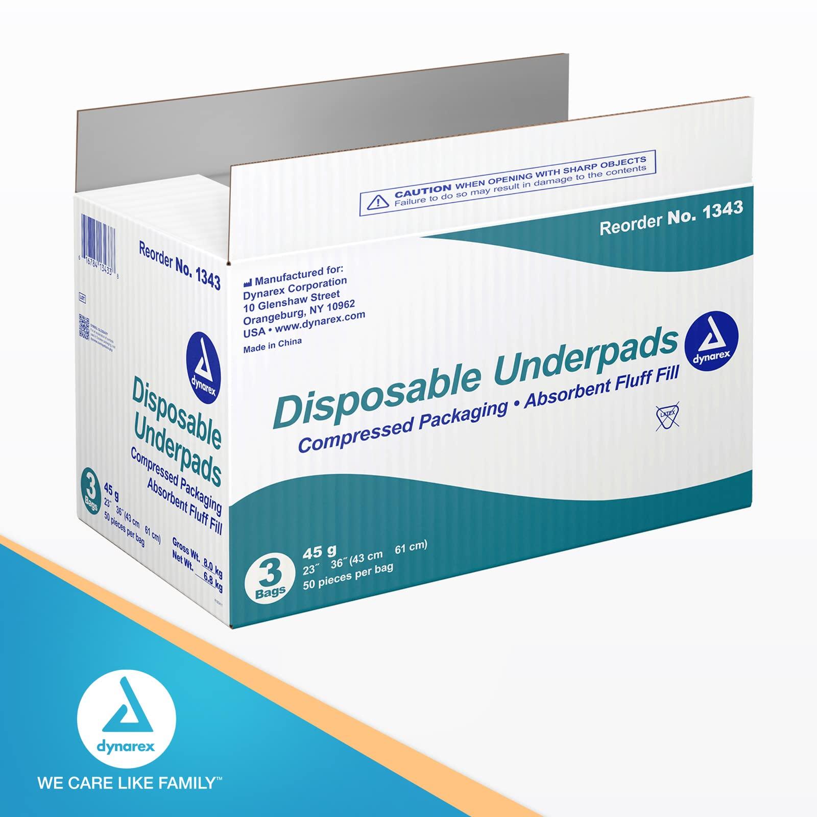 Dynarex Dynarex Disposable Underpads, Medical-Grade Incontinence Bed Pads to Protect Sheets and Mattresses, 23x36 (45g), 1 Case of 150 Pads (3 Boxes of 50)