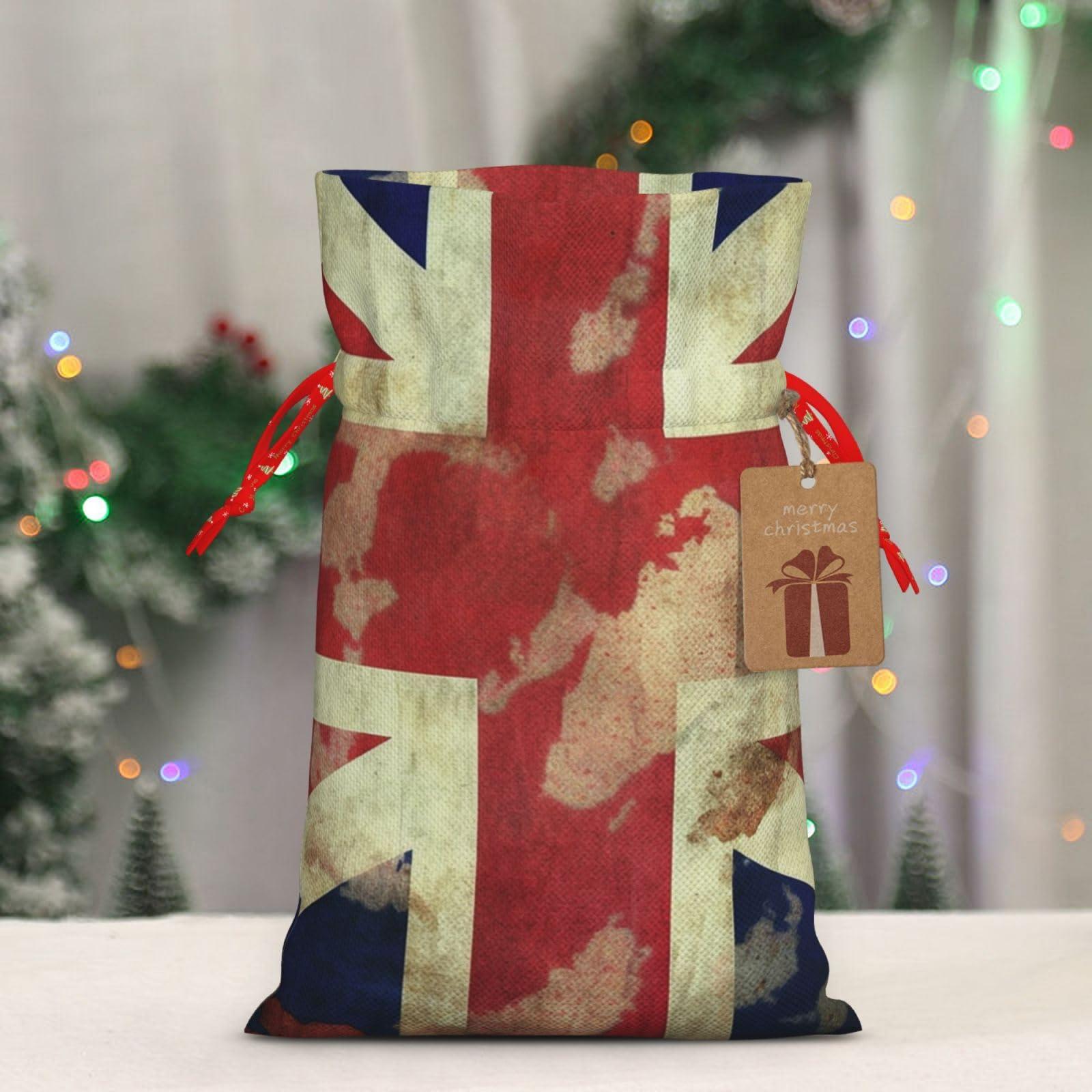 LZQPOEAS LZQPOEAS Vintage Union Jack British Flag Christmas Gift Bags with Drawstring Christmas Bags Gift Wrapping Bags for Xmas Holiday Party Candy Bag for Christmas Favor Bags for Xmas Presents