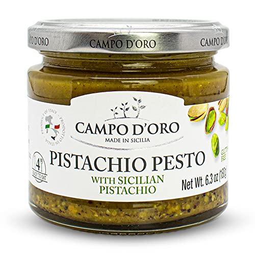 CAMPO D'ORO Pistachio Pesto, Paste, UnSweetened, Sicilian Pesto Sauce, Savory, Creamy, Spreadable, 6.35oz, Sicily, Italy. By Campo D\'Oro