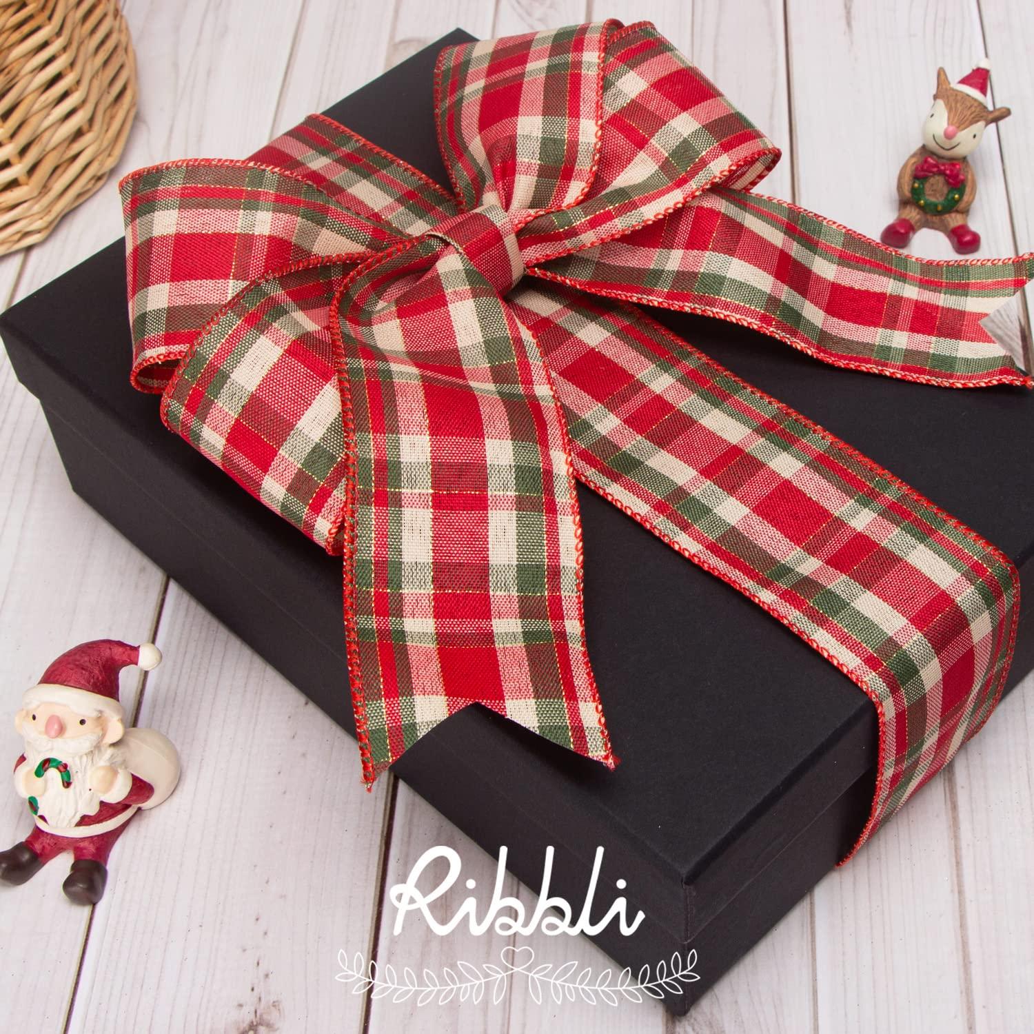 Ribbli Ribbli 4 Rolls Christmas Wired Ribbon,Natural and Red Burlap Christmas Plaid Wired Ribbon,2 Inch Total 20 Yard, Christmas Ribbon for Crafts, Big Bow,Gift Wrapping, Wreath, Tree Decoration