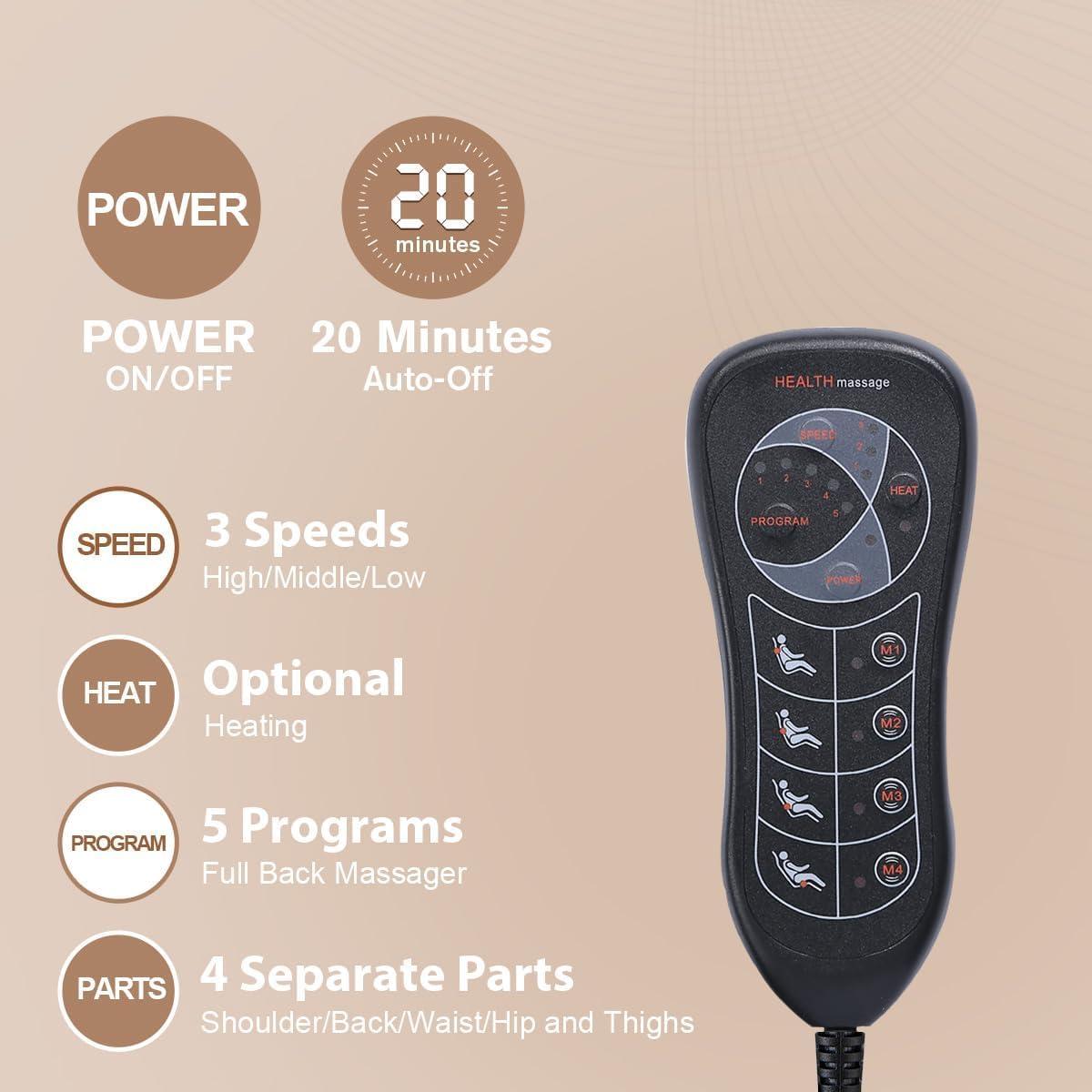 SLOTHMORE Back Massage Chair Pad, Back Massager with Heat for Pain Relief, Chair Massager for Full Body Massage, Deep Tissue Vibration Massger with 2 Adapters, Chair Massager for Office and Recliner