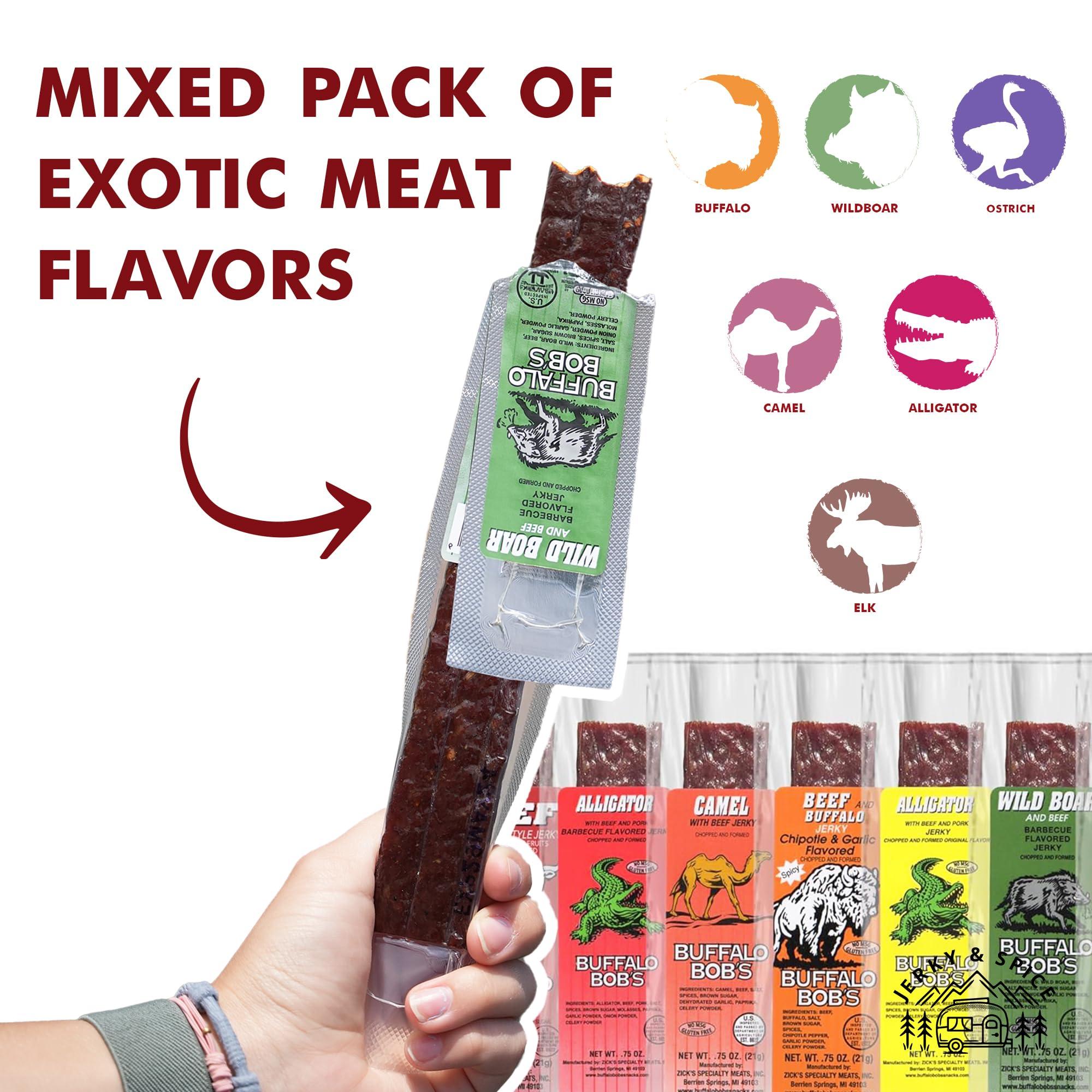 Jerky-n-Spice Buffalo Bob\'s Wild Game Meat Snacks (6 Pack), Beef Jerky Variety Pack, Jerky Gift Baskets for Fathers/Dad, Exotic Random Jerky Sampler Set, Mens Hunting Stocking Stuffers, Jerky Gift Set