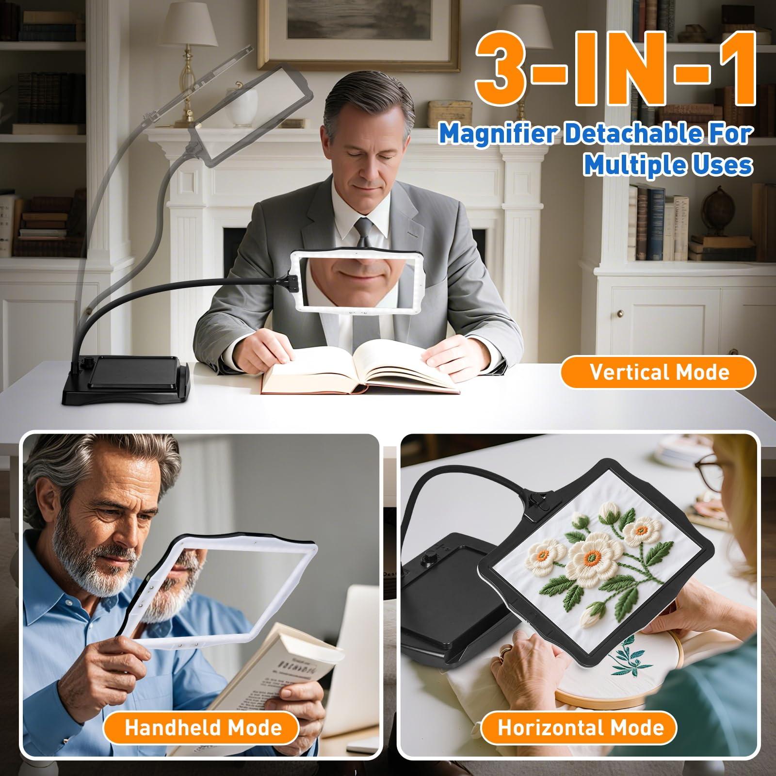 NUEYiO 10X Rechargeable Full Page Magnifier for Reading, NUEYiO 10.6*7.8\" Large Handheld Magnifying Glass with Light and Stand, 50 LED Lights & 3-IN-1 Gooseneck Magnifying Lamp for Seniors Close Work Craft
