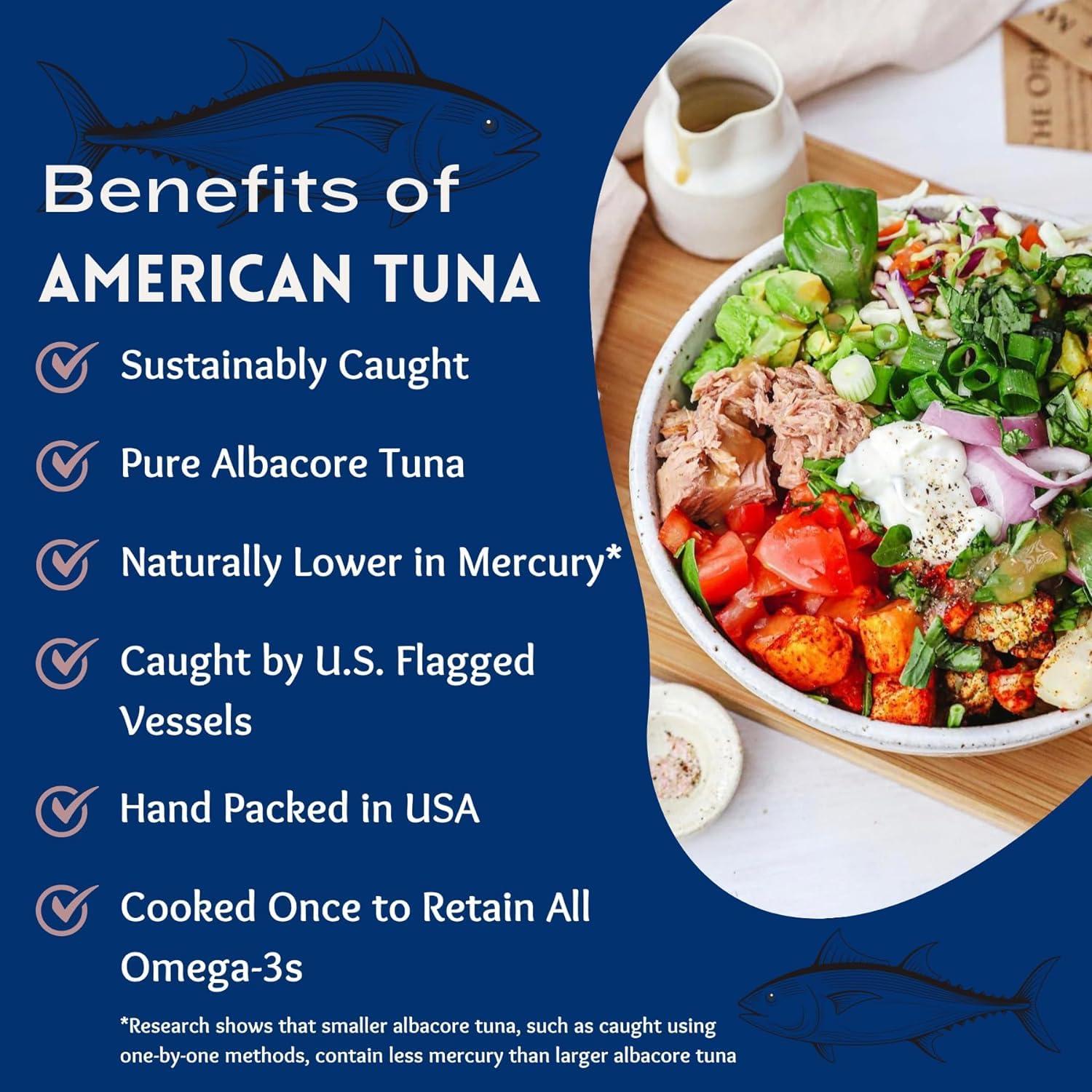 American Tuna Wild Albacore Tuna Fish by American Tuna - with Sea Salt, MSC Certified, Sustainable One by One Pole Wild Caught Fish - 6 oz cans | Pack of 12 | Premium Canned Tuna for Health and Flavor Enthusiasts!