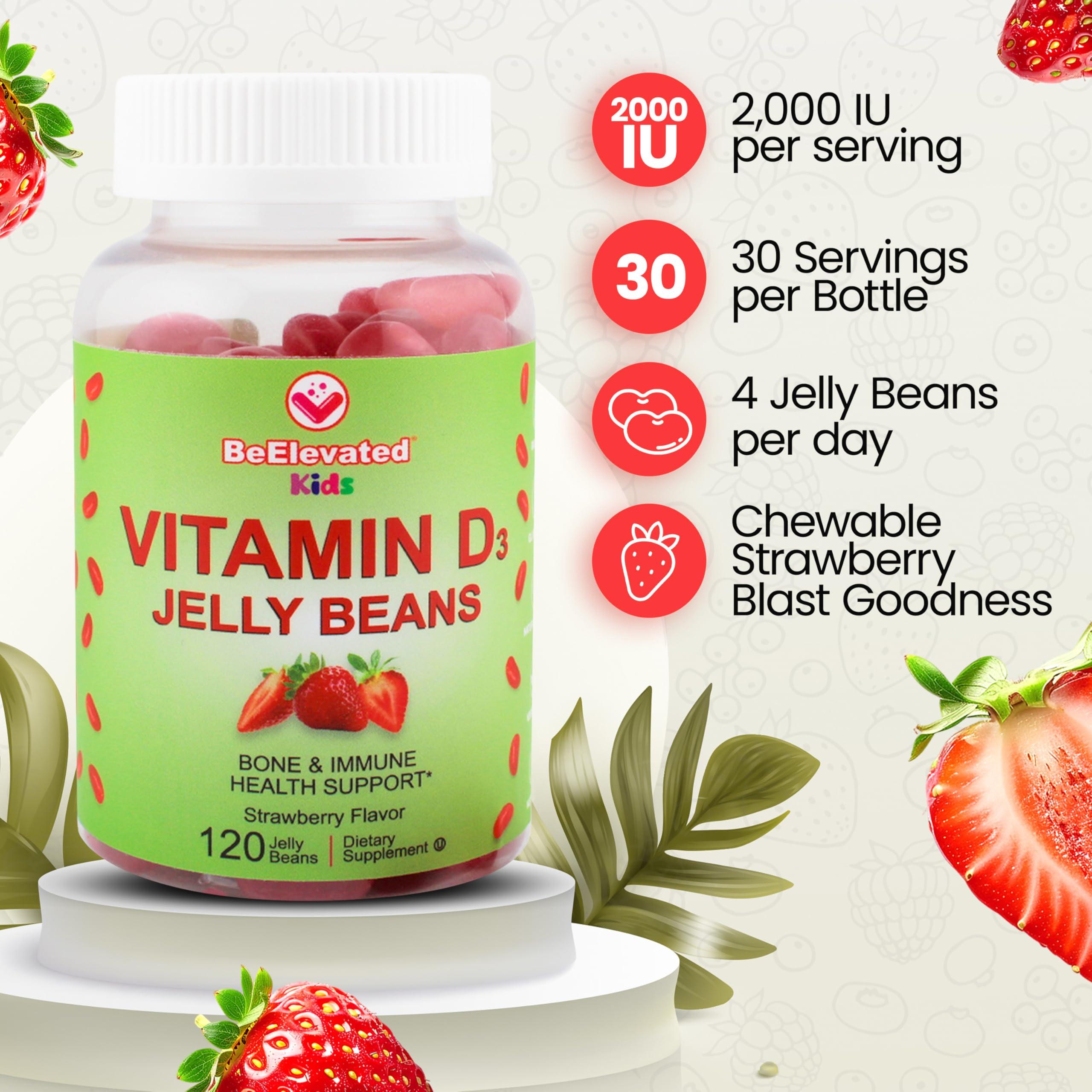 BeElevated BeElevated Vitamin D3 Jelly Beans - Chewable Vitamins Gummies for Kids Immune Support - Multivitamin Supplements for Bone & Joint Support - 2,000 IU Vegetarian Gummy - 120 Strawberry Flavor Beans