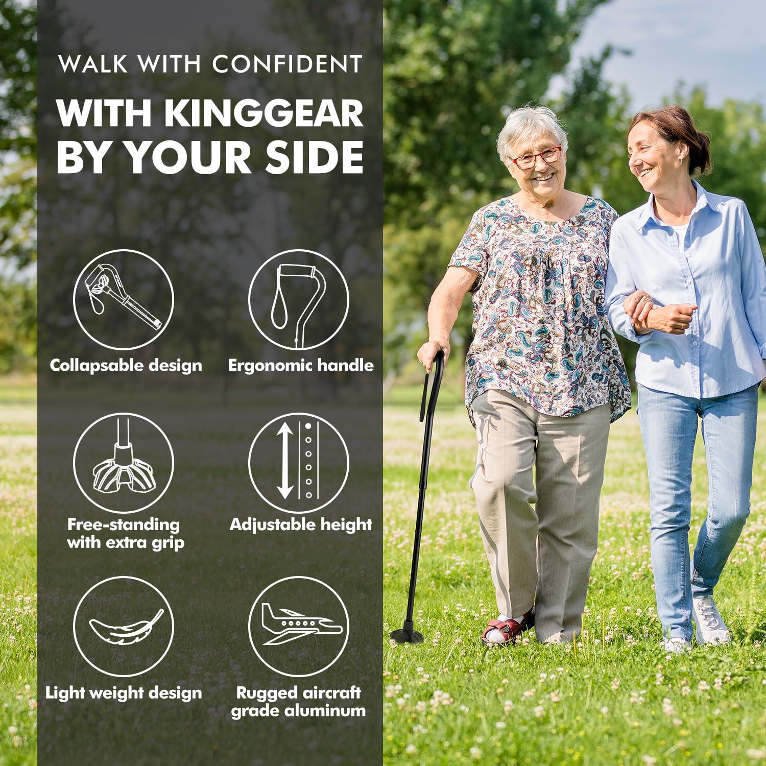 KINGGEAR KINGGEAR F1 Walking Stick, Walking Cane for Women & Men with Wrist Strap, Lightweight & Sturdy Offset EVA Handle, Large Quad Base, Self Standing for Seniors and People with Injuries & Recovery