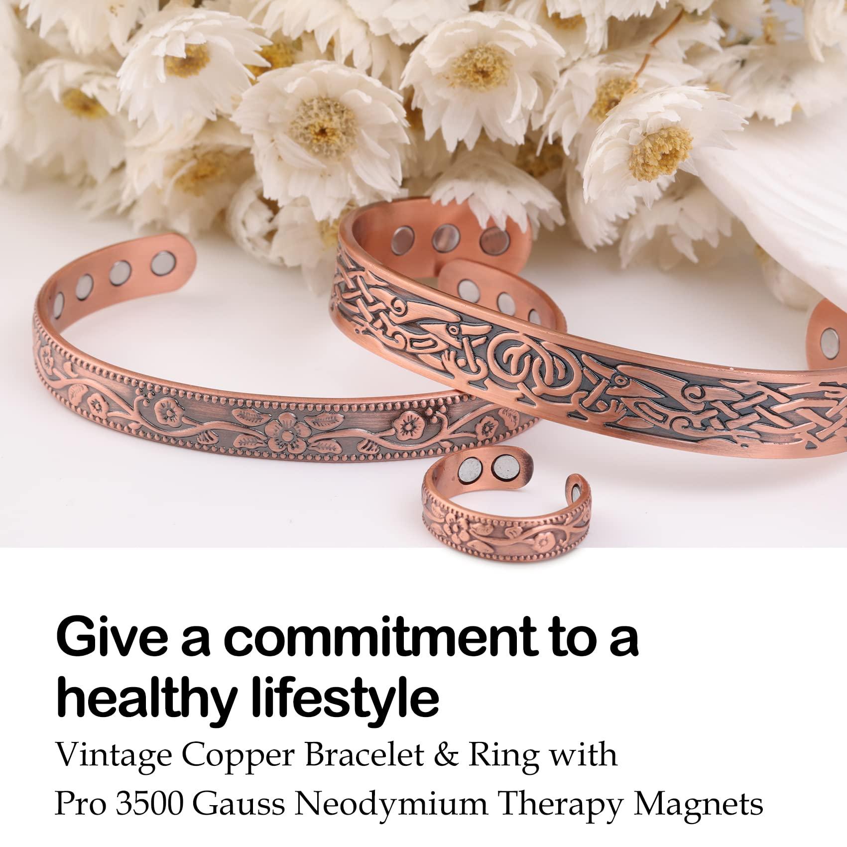 Feraco Feraco Copper Bracelet & Lymphatic Drainage Rings for Women, Vintage Flower Copper Magnetic Cuff Bangle, 99.99% Pure Copper with Neodymium Magnets, Adjustable with Gift Box
