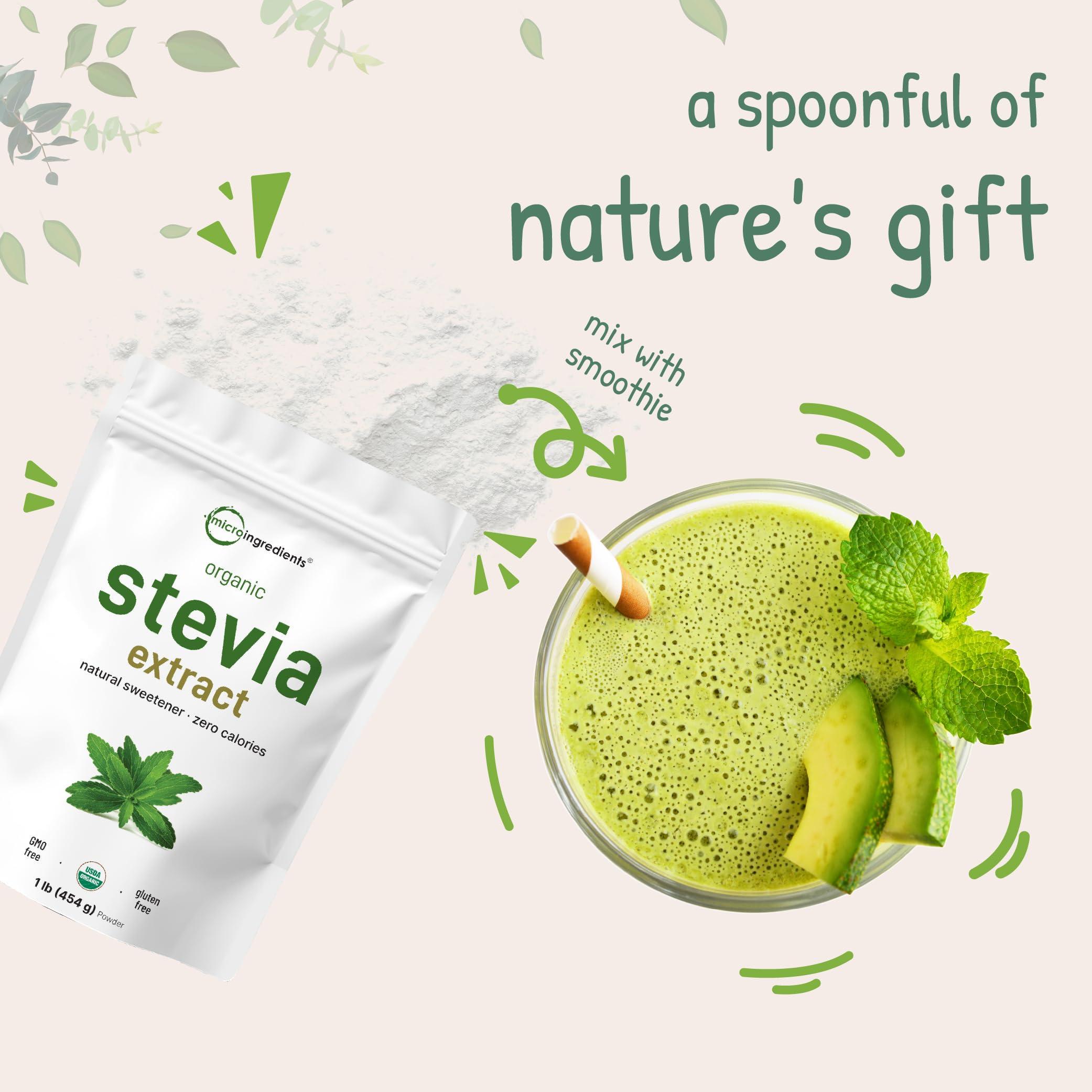 Micro Ingredients Pure Organic Stevia Powder, 1 Pound (2,837 Servings), Highest Grade Stevia Green Leaf Extract Reb-A | Reduced Bitter Aftertaste | 0 Calorie, Natural Sweetener, Sugar Alternative, Keto Friendly