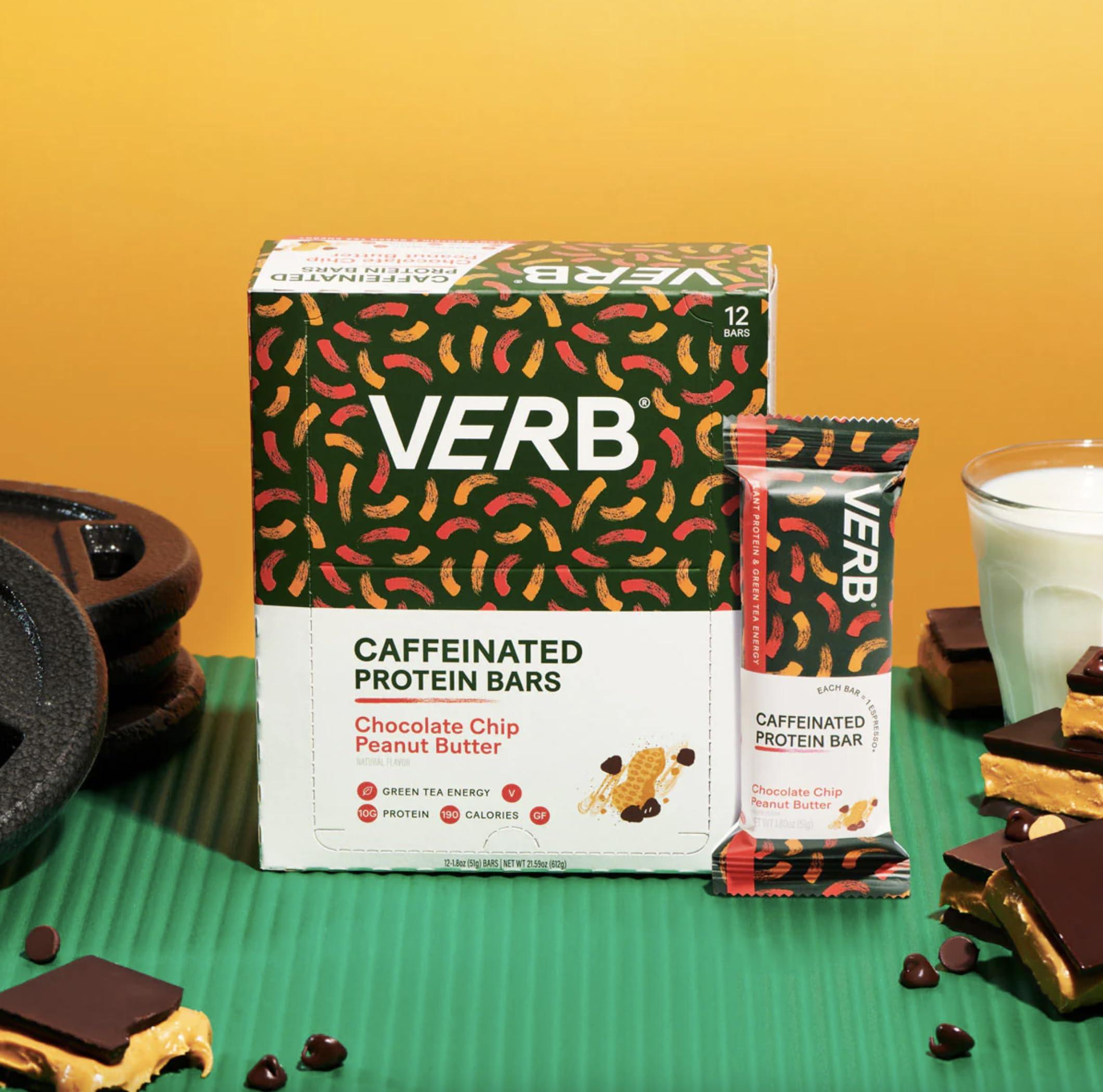 Verb Caffeinated Energy Bar Verb Energy - Chocolate Chip Peanut Butter Caffeinated Protein Bars - 190-Calorie 6g Sugar 10g Protein Bar - Vegan Snacks - Gluten Free Breakfast Bars with Organic Green Tea, 49g (Pack of 12)