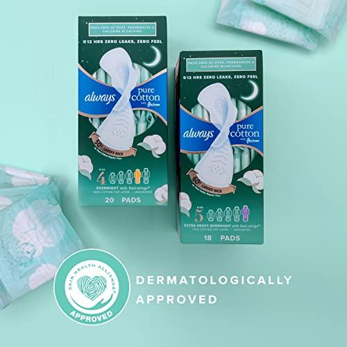 Always Always Pure Cotton, Feminine Pads for Women, Size 4 Overnight Absorbency, Multipack, with Flexfoam, with Wings, Unscented, 20 Count x 3 Packs (60 Count total)